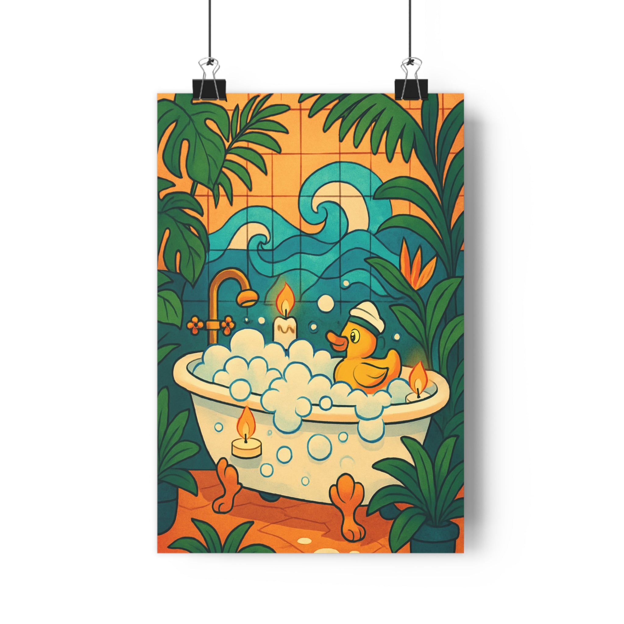 Poster décoratif cartoon bleu pastel apaisant salle bain tropical bougies plantes ambiance détente relaxant