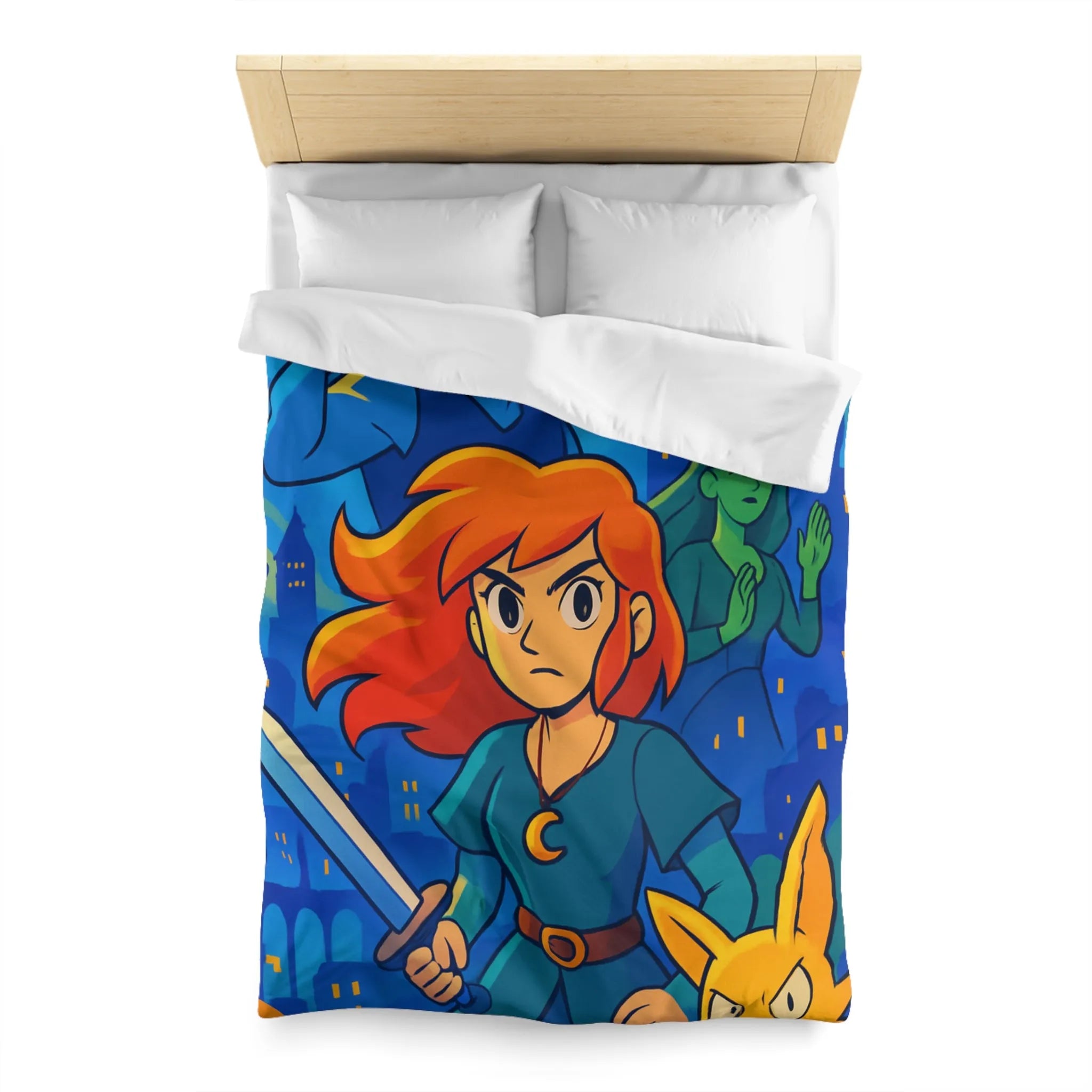 Housse de couette héroïque avec épée, ville nocturne et créatures fantastiques colorées