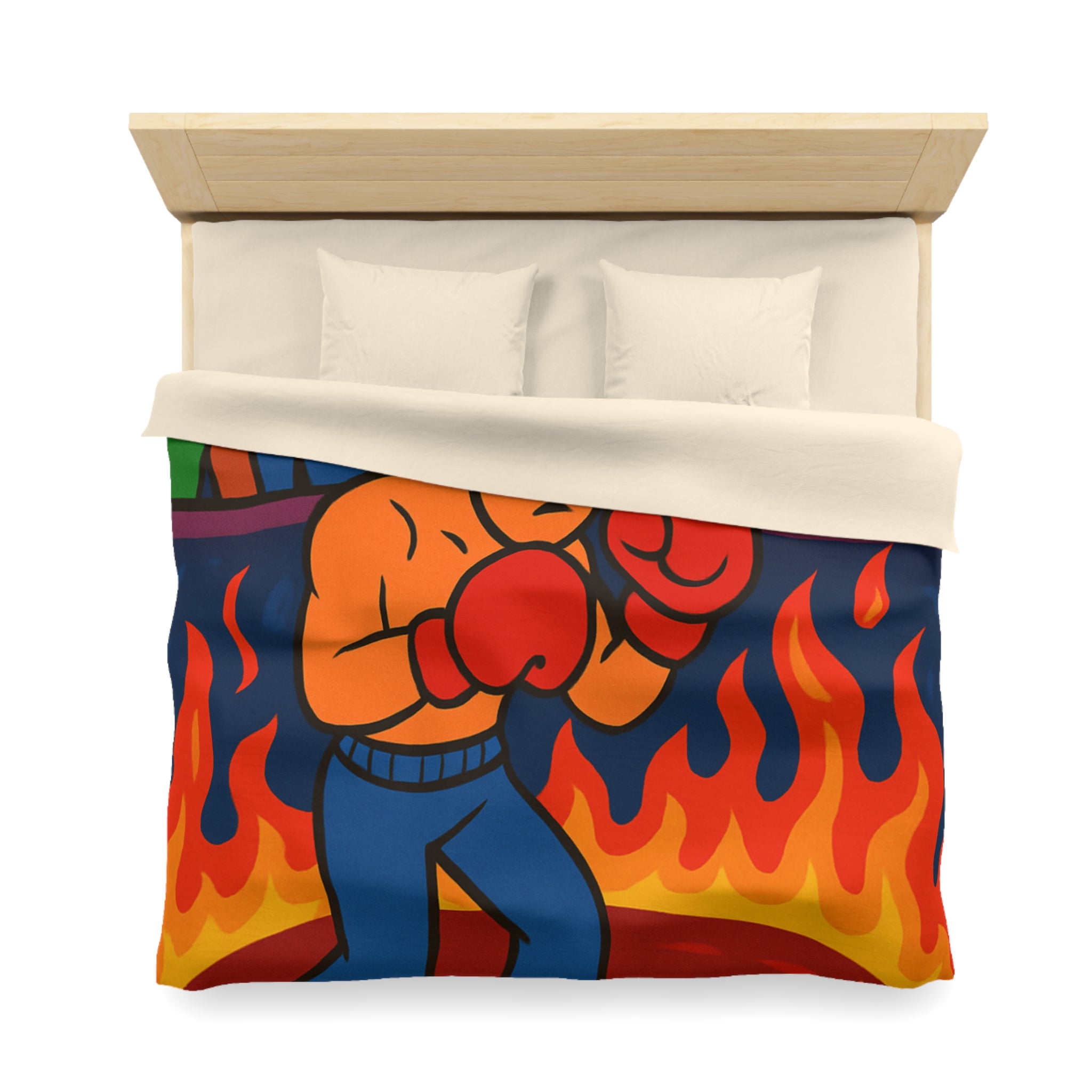 Housse de couette originale avec boxeur entouré de flammes et foule colorée