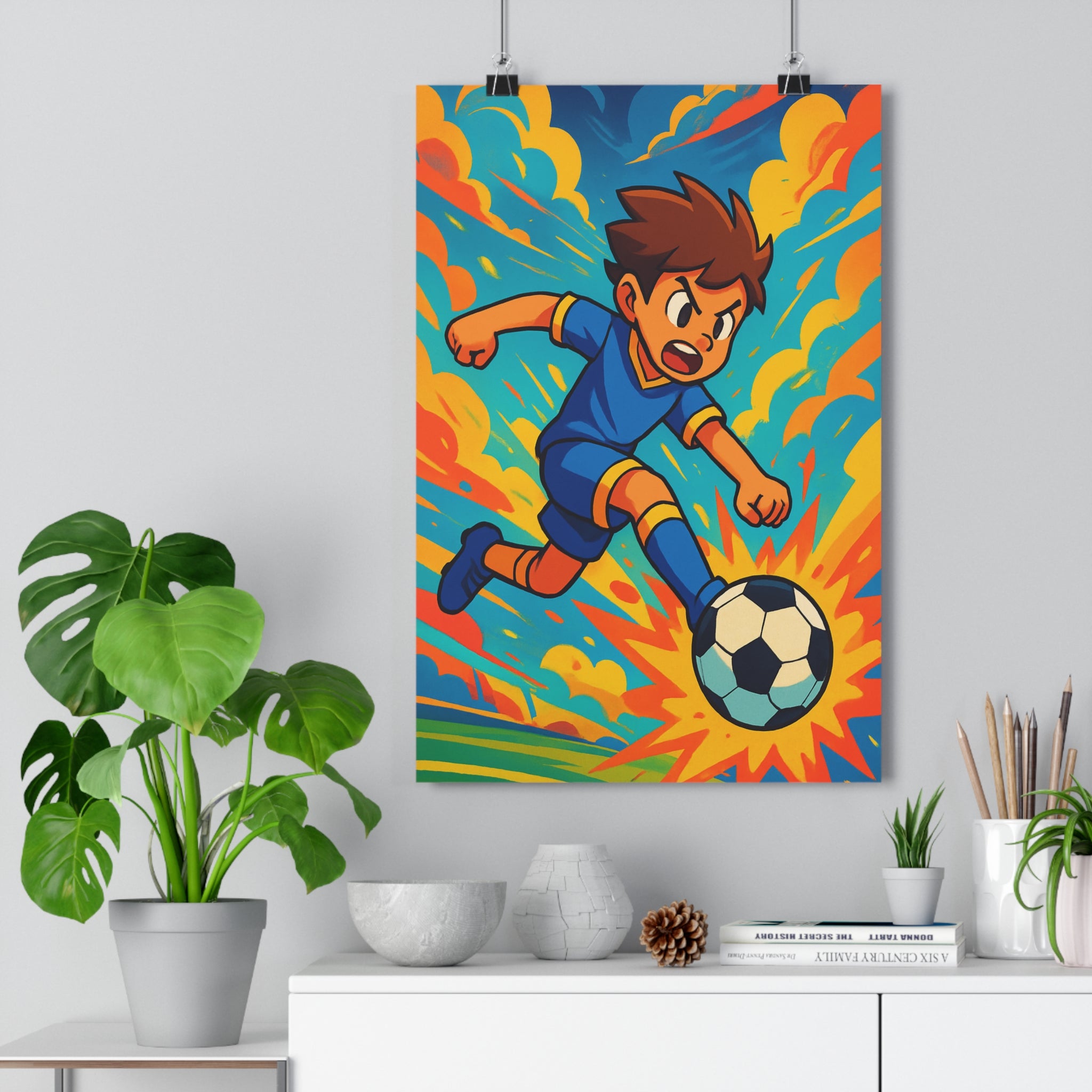 Poster décoratif abstrait football cartoon bleu jaune enfant dynamique moderne chambre 30x46 vibrant action