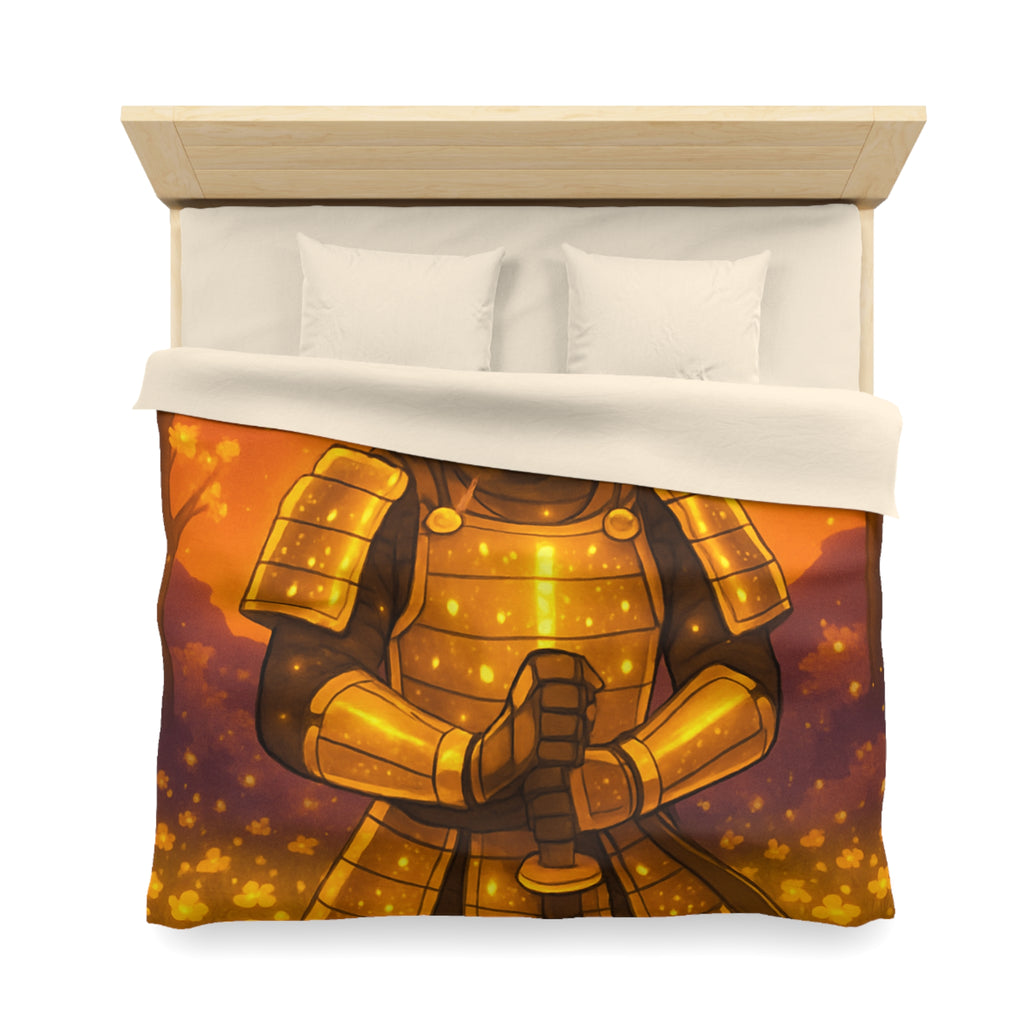 Housse de couette samouraï doré dans forêt magique, ambiance légendaire pour chambre zen