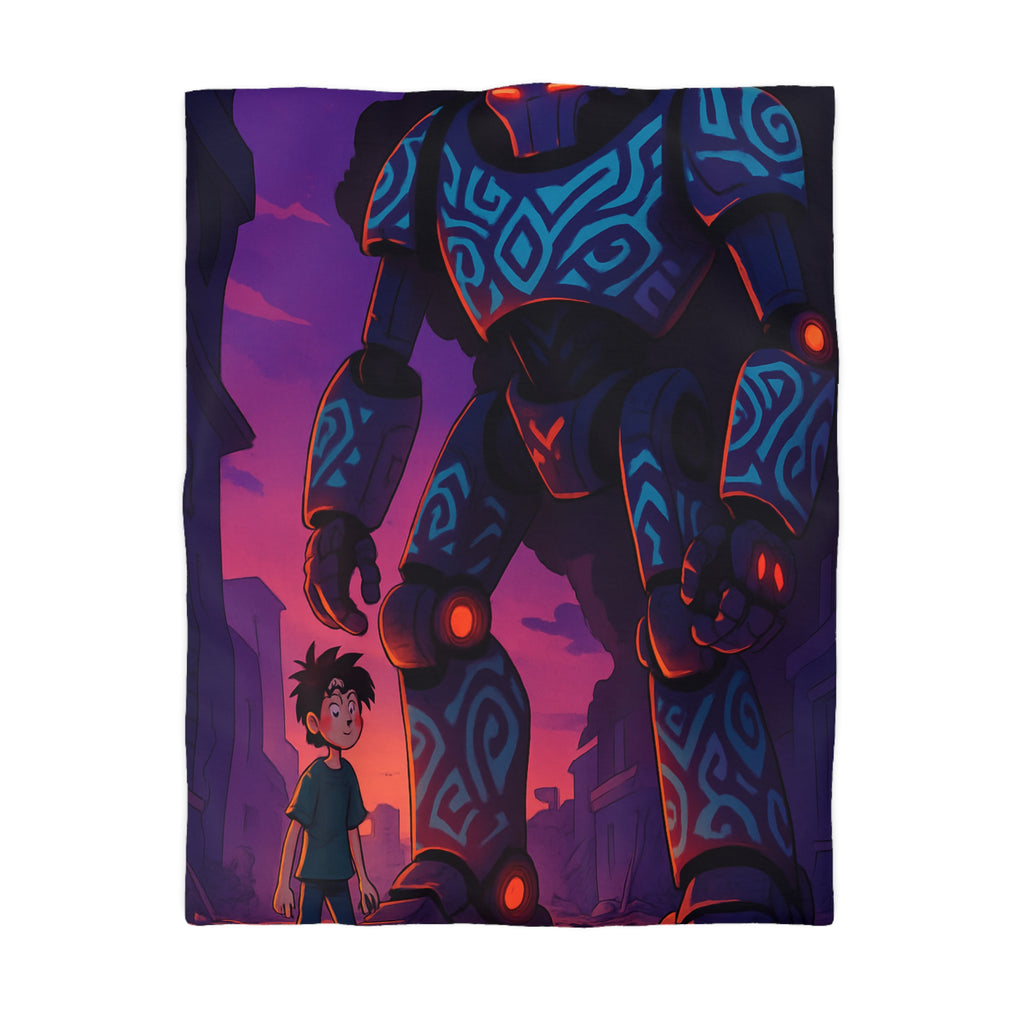 Housse de couette robot géant bleu lumineux, décor urbain vibrant et enfant émerveillé