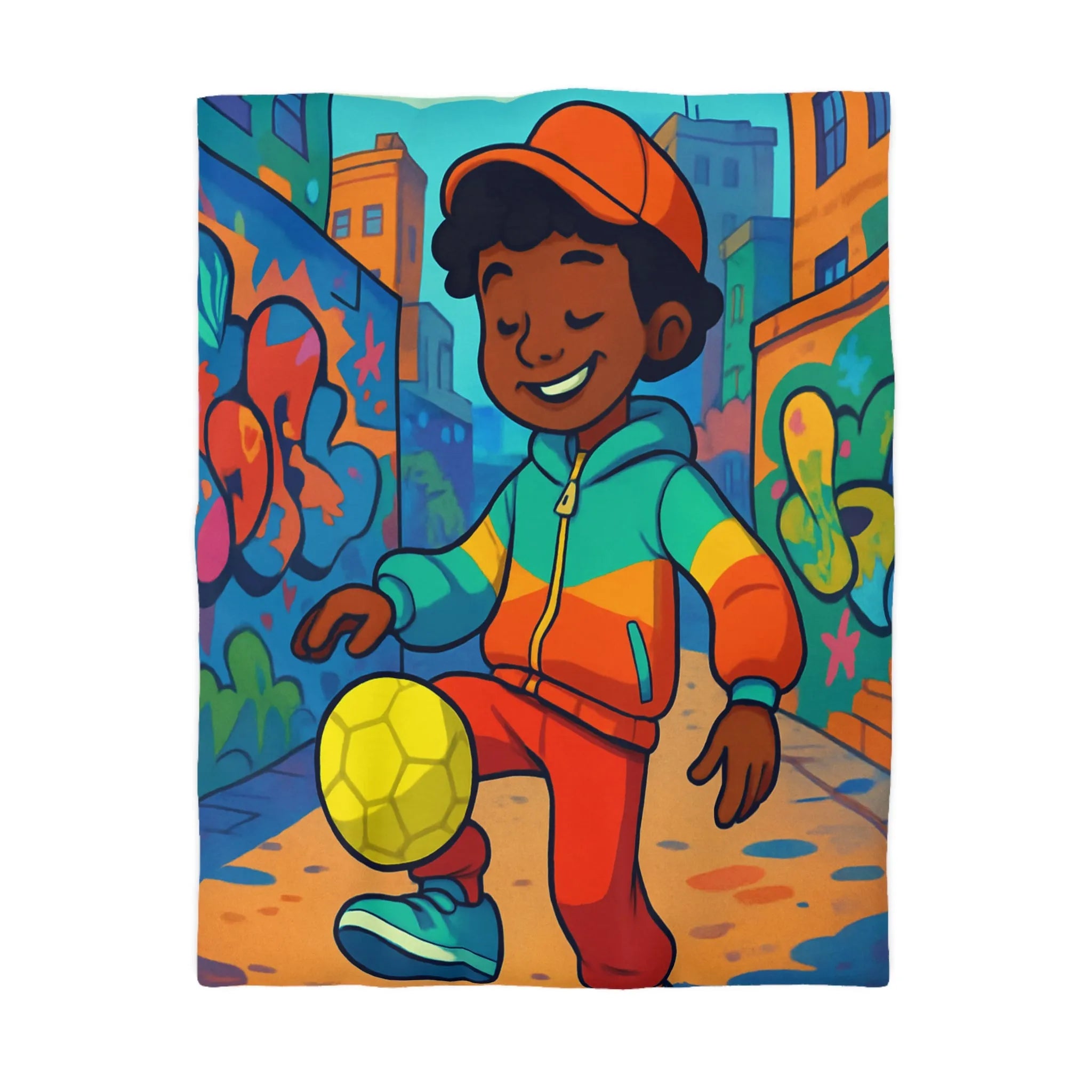 Housse de couette colorée enfant avec graffitis, garçon et ballon en jeu urbain