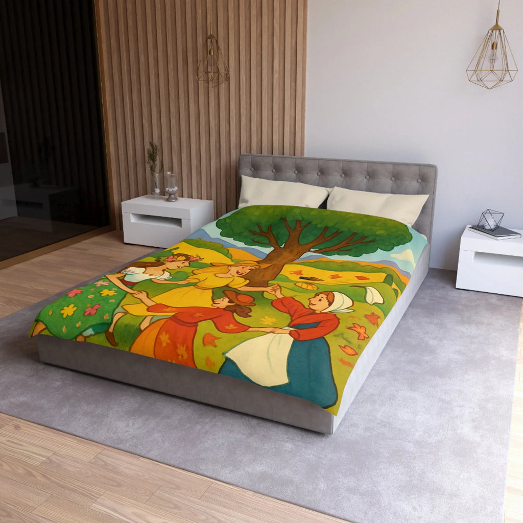 Housse de couette champêtre aux motifs de danseuses rondes et paysage bucolique coloré