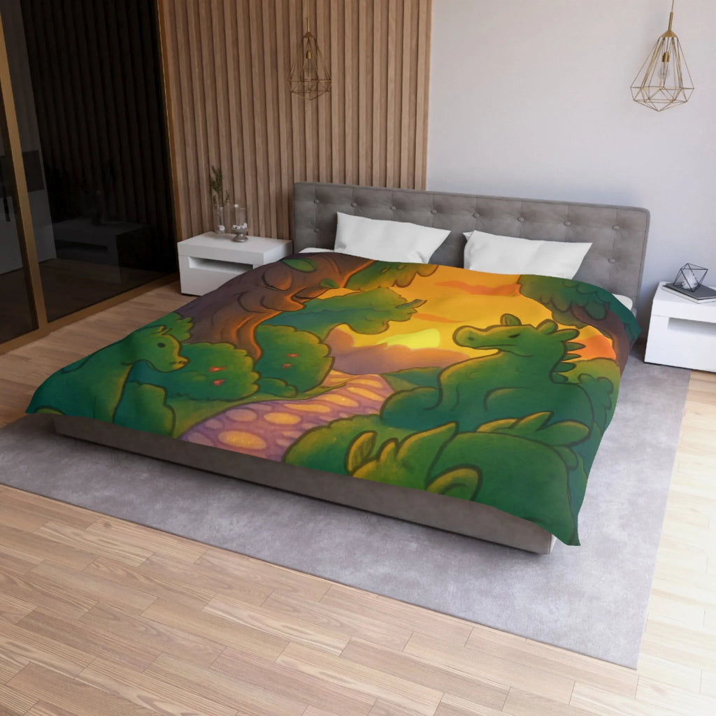 Housse de Couette Enchantée avec Dinosaure au Coucher du Soleil pour Chambre Enfant