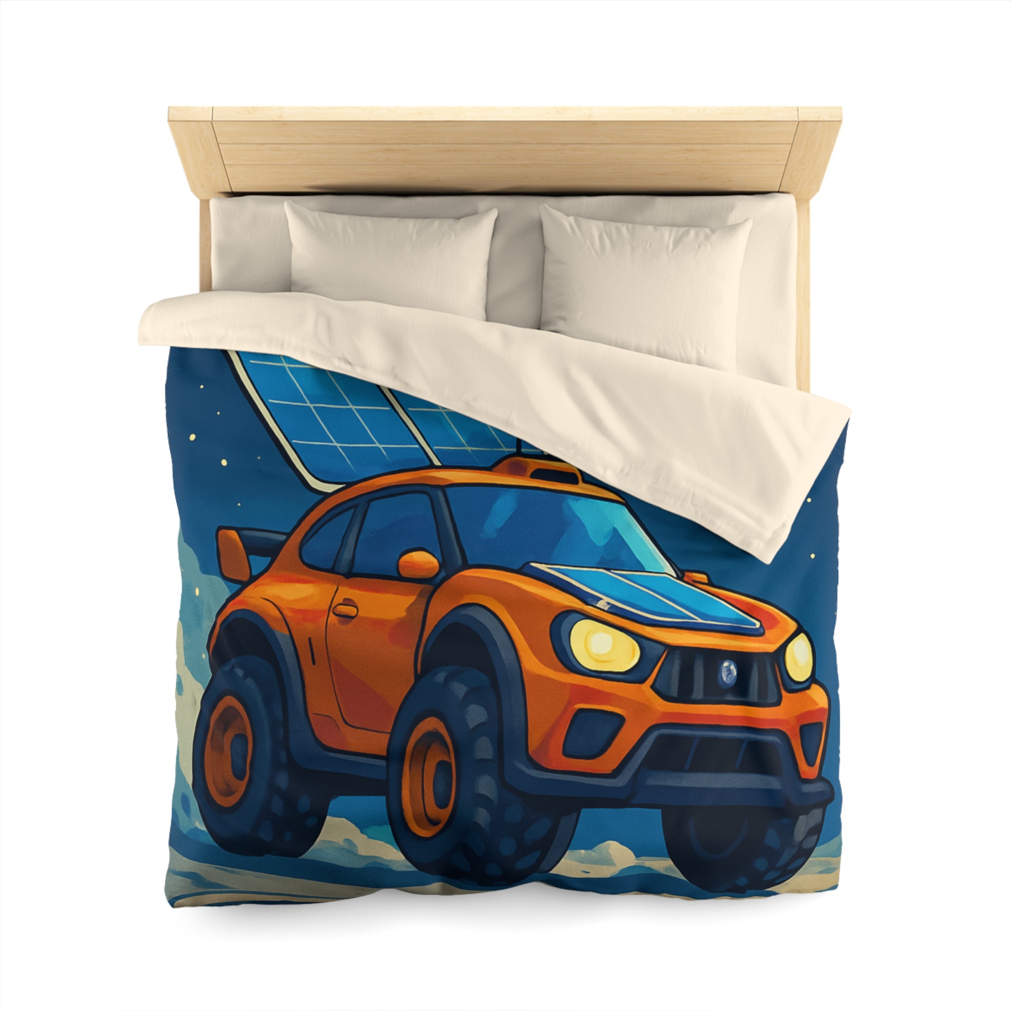 Housse de couette spatiale avec voiture orange et robots sur fond lunaire captivant