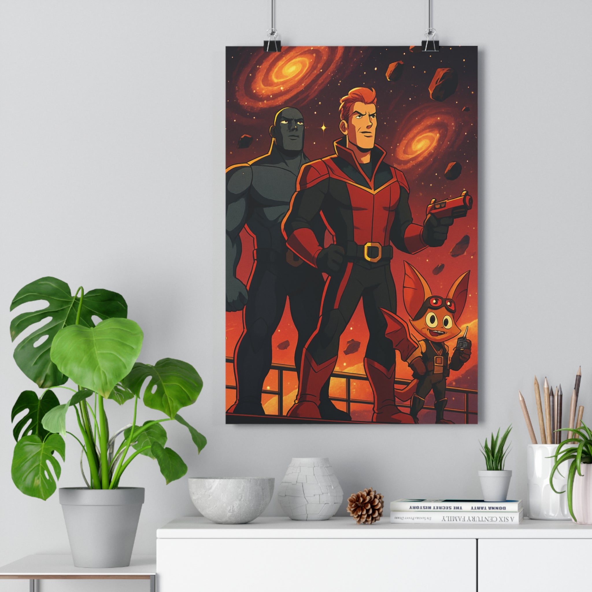 Poster décoratif aventure rouge noir cosmique stylisé salon chambre héroïque exploration galaxie animation courageux