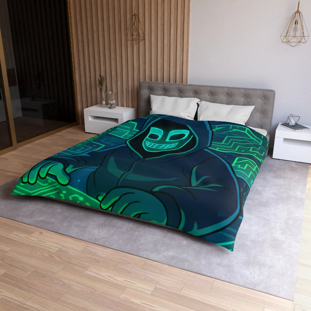 Housse de couette cyberpunk avec motif de hacker masqué et circuit numérique lumineux