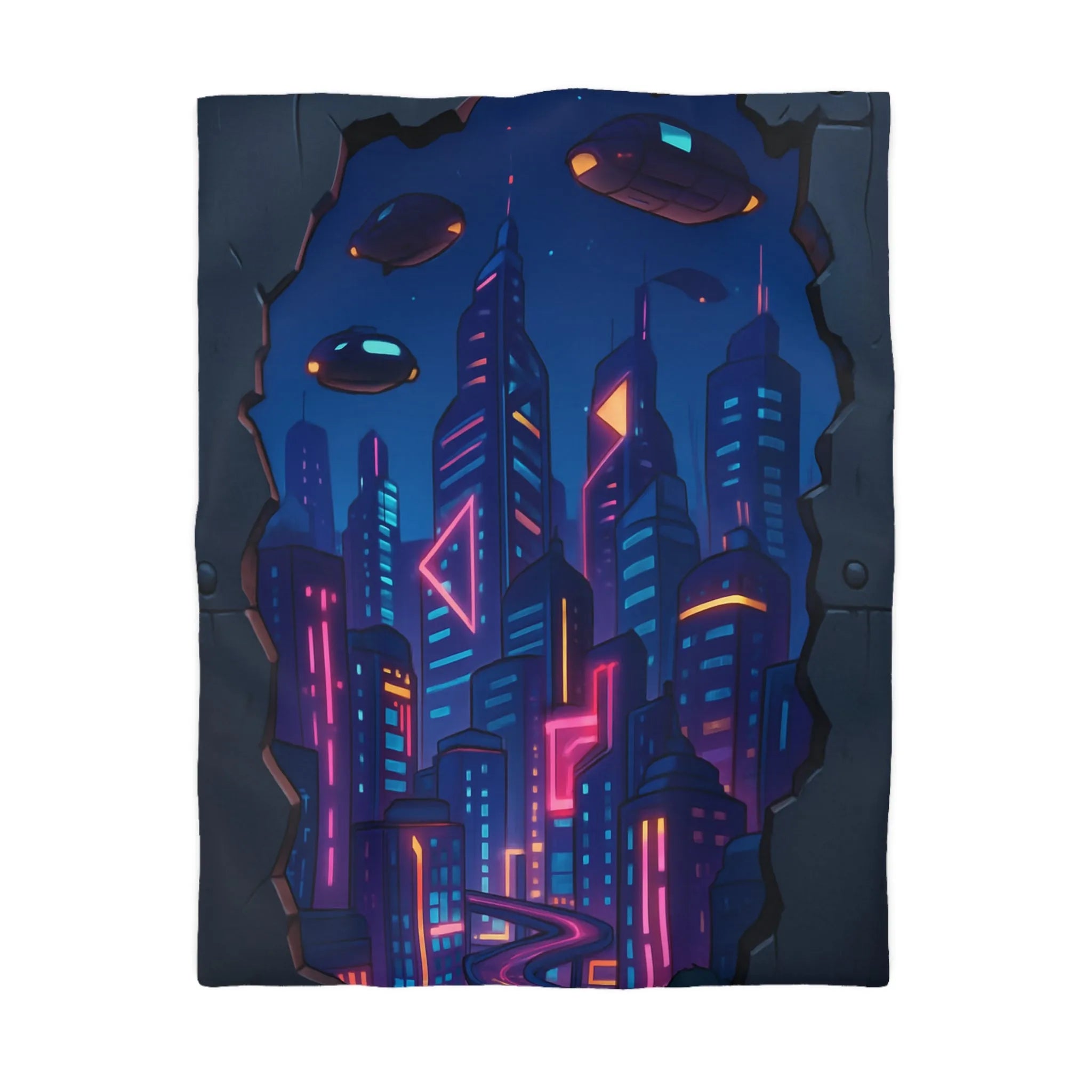 Housse de couette futuriste avec ville néon et vaisseaux spatiaux illuminés
