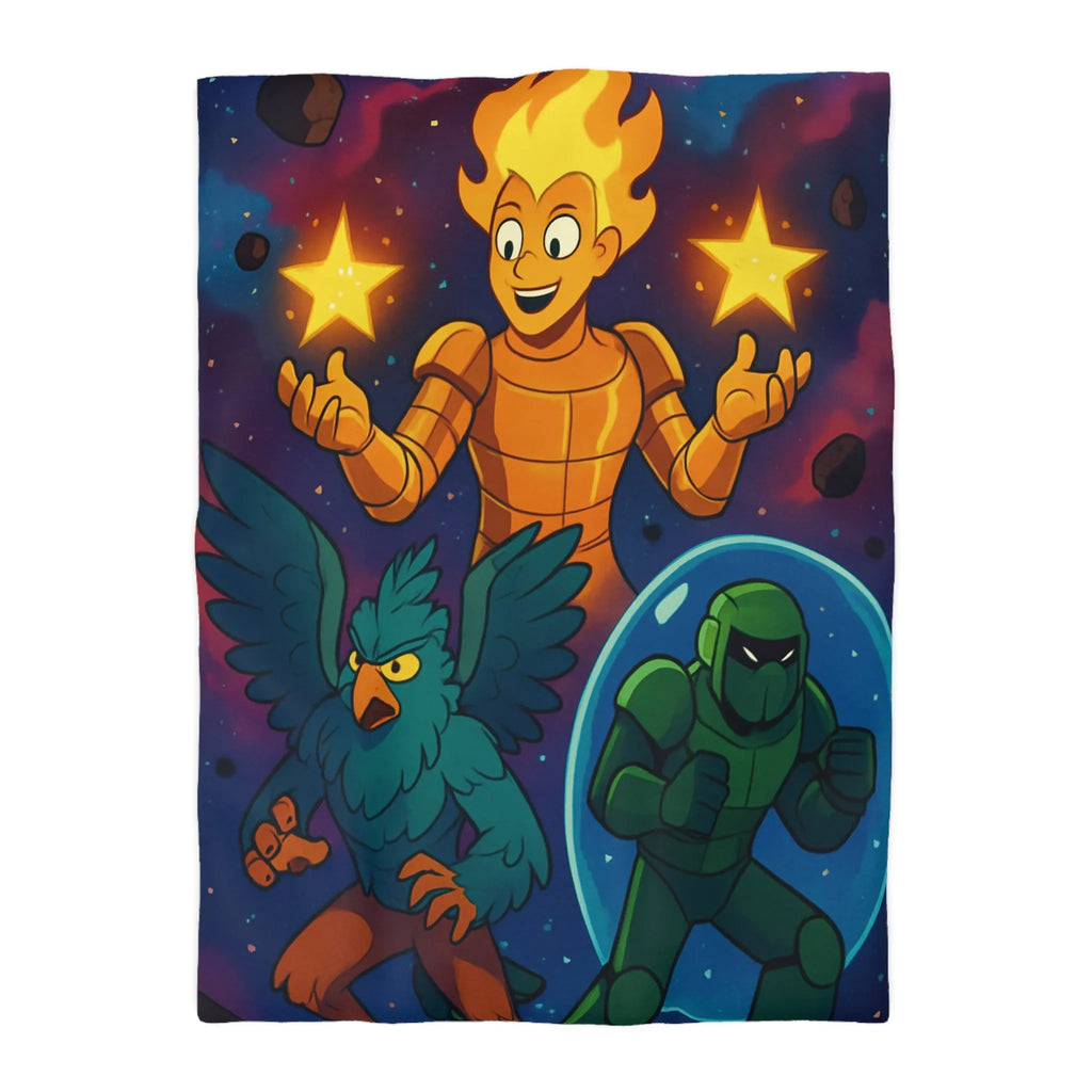 Housse de couette colorée avec personnages fantastiques: héros flamboyant, créature ailée, soldat galactique