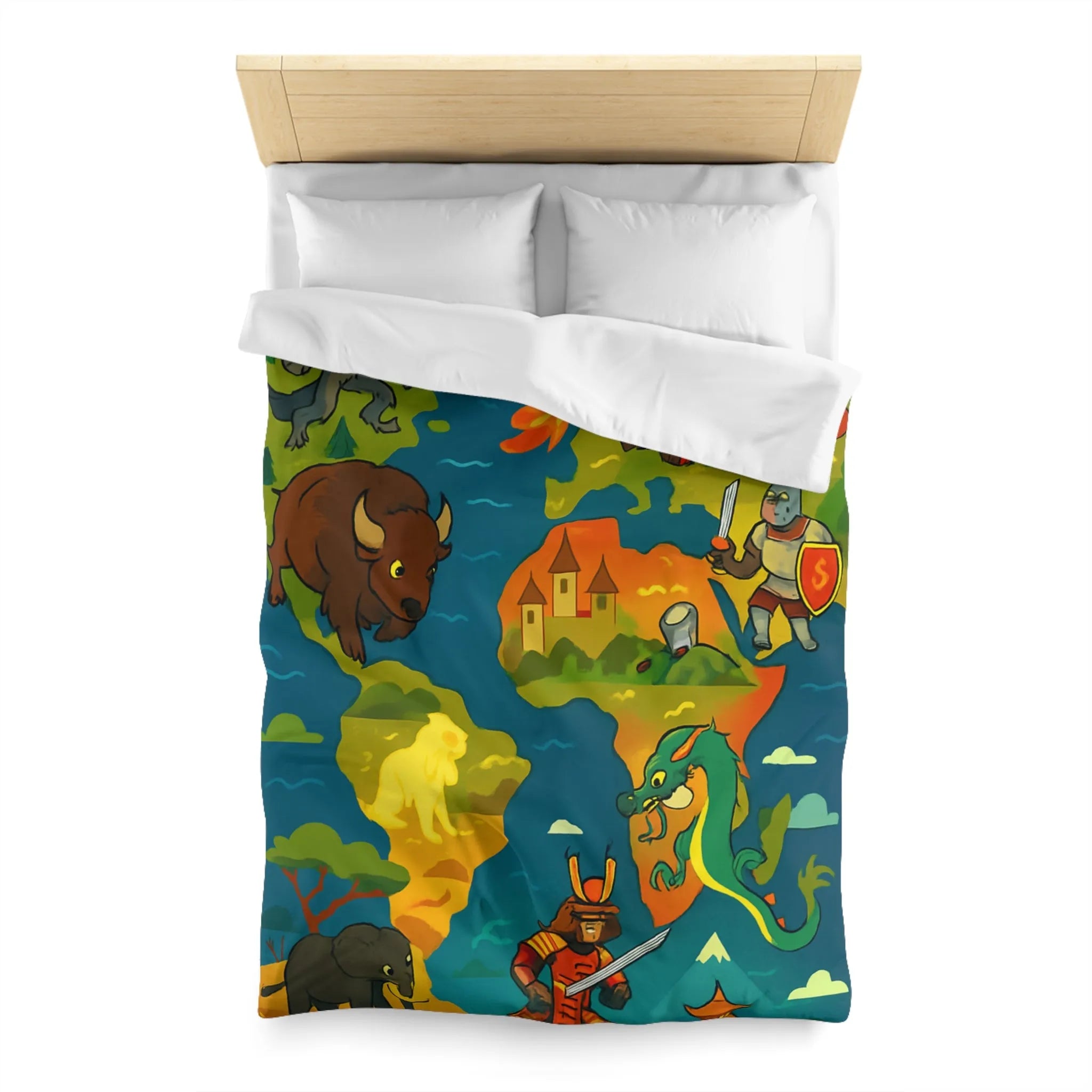 Housse de couette épique avec dragons, samouraïs et créatures légendaires au style coloré.