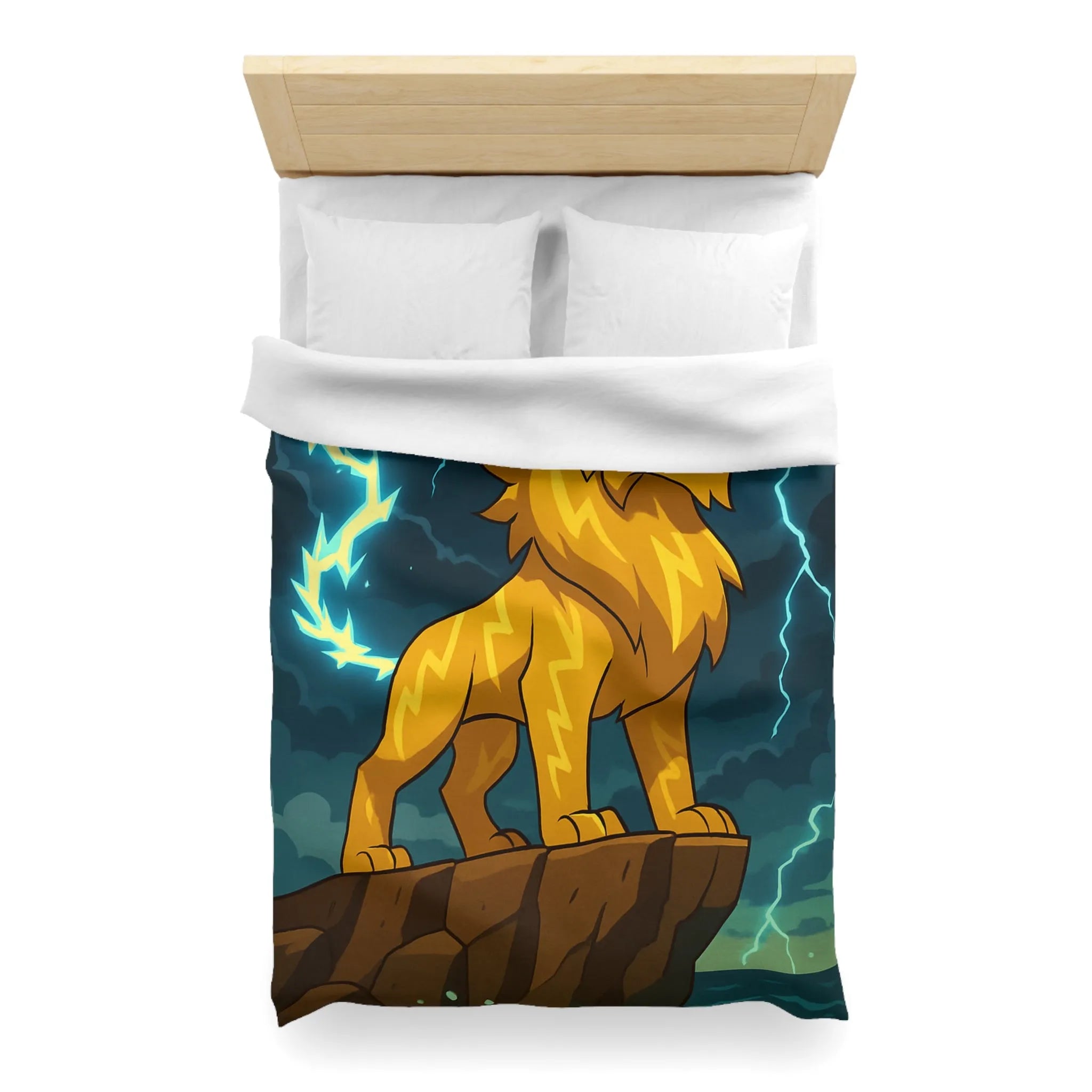 Housse de couette lion éclair lumineux, style animé, ambiance puissante, couleurs vibrantes