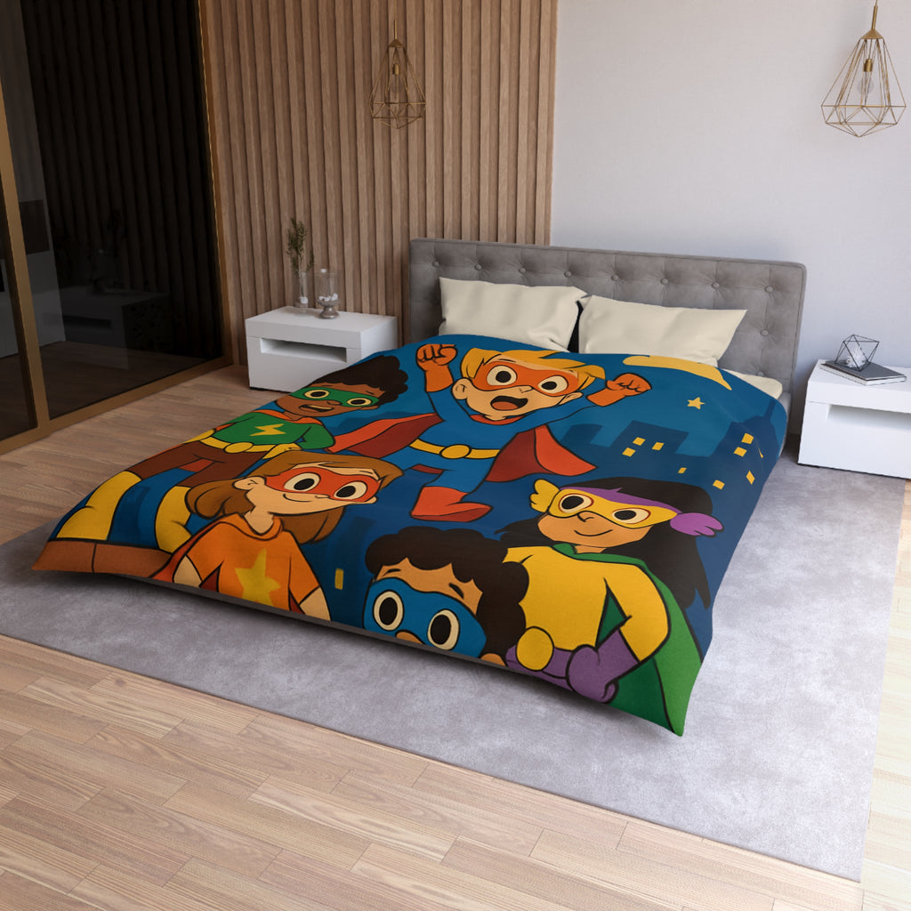 Super-héros Enfants Volant Nuit Ciel Étoilé Ville Amis Confiants Housse de Couette Colorée