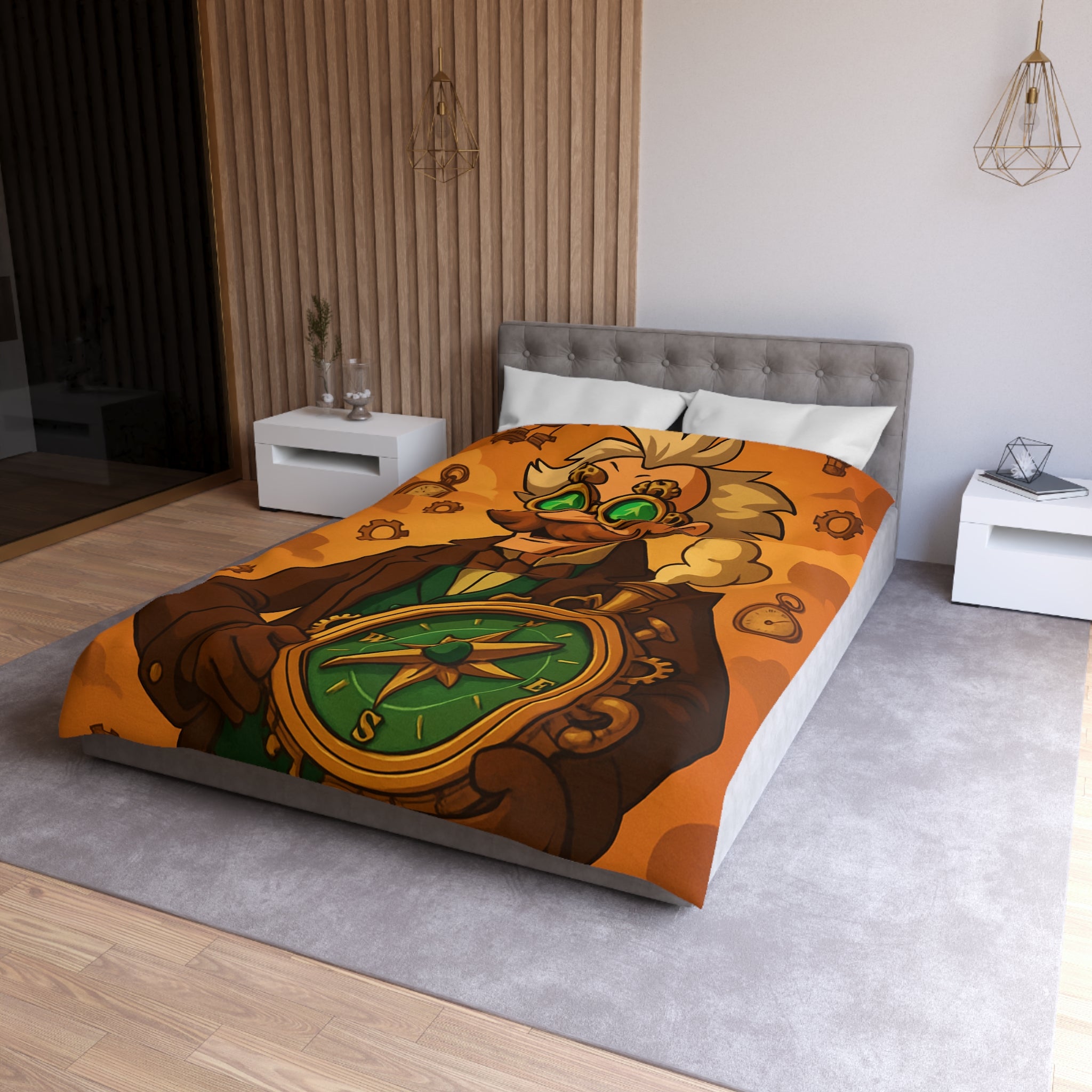 Housse de Couette Steampunk Vintage avec Boussole, Savant et Montgolfières sur Fond Sépia