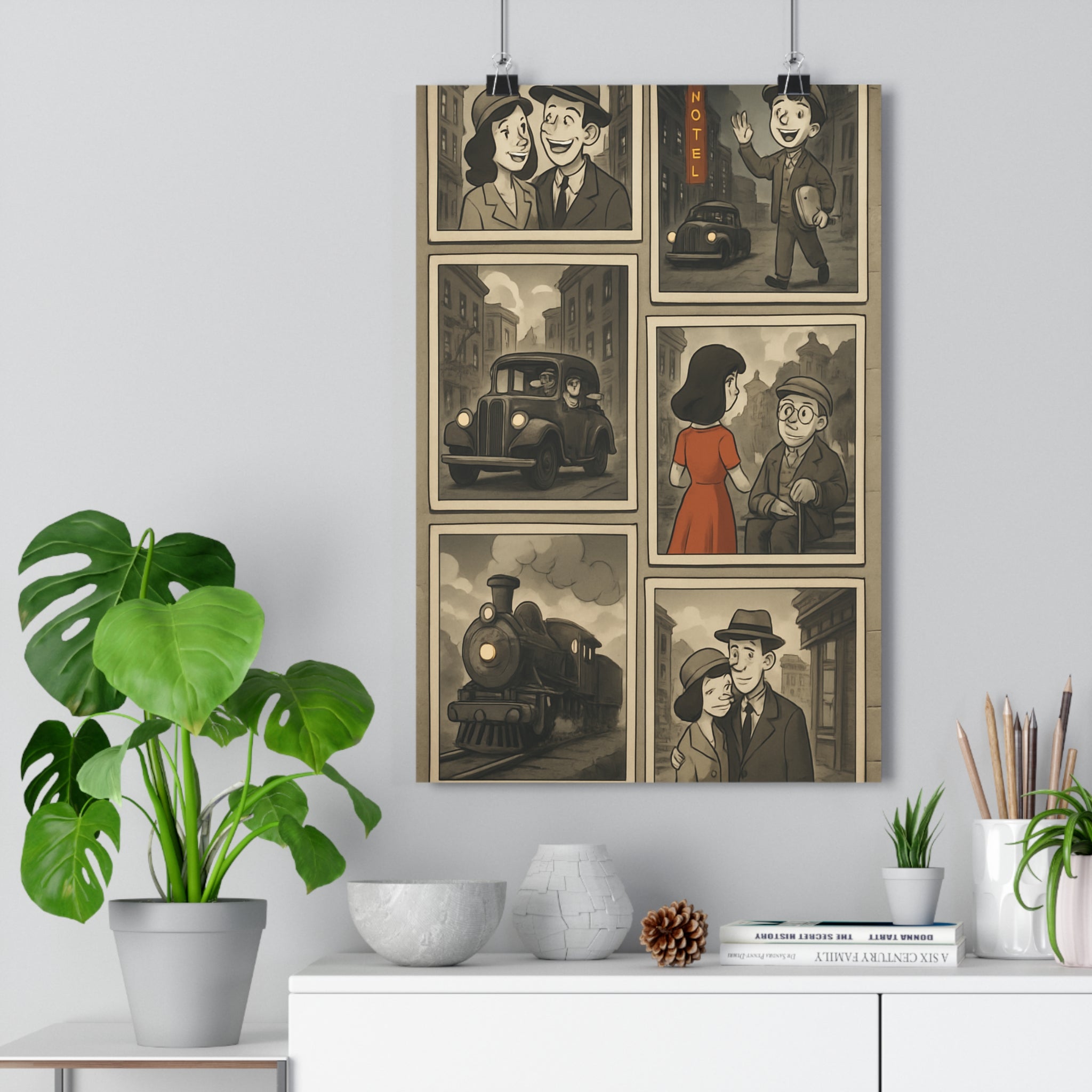 Poster décoratif rétro cartoon noir blanc rouge nostalgique joyeux salon bureau vintage collection murale