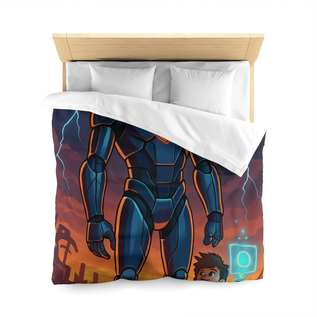 Housse de couette illustrée robot et enfant avec cœur lumineux et ciel orageux