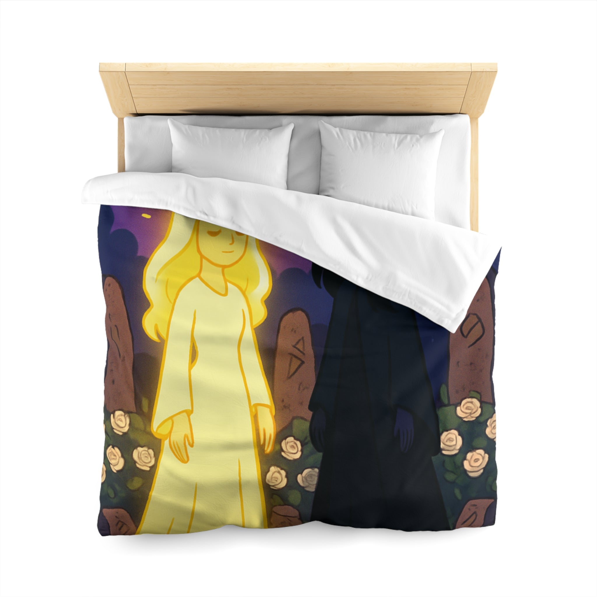 Housse de couette réversible avec deux figures mystérieuses en contraste lumineux, nature étoilée