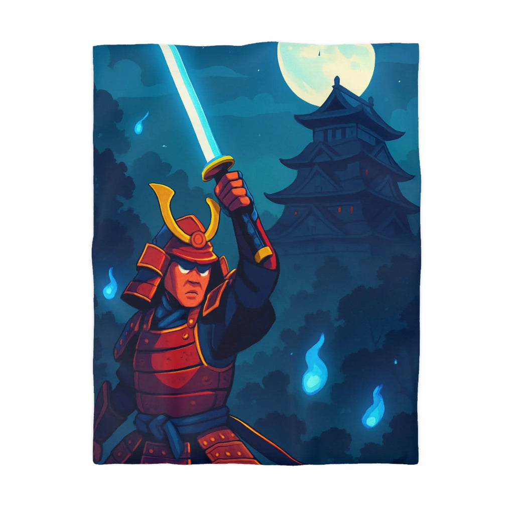 Housse de couette épique samouraï sous lune avec château en arrière-plan mystique