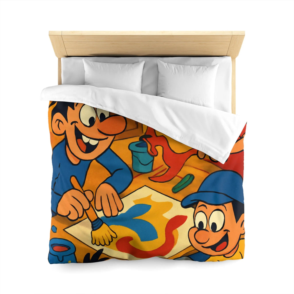 Housse de couette coloriée ludique avec enfants joyeux peignant et créant ensemble dans atelier