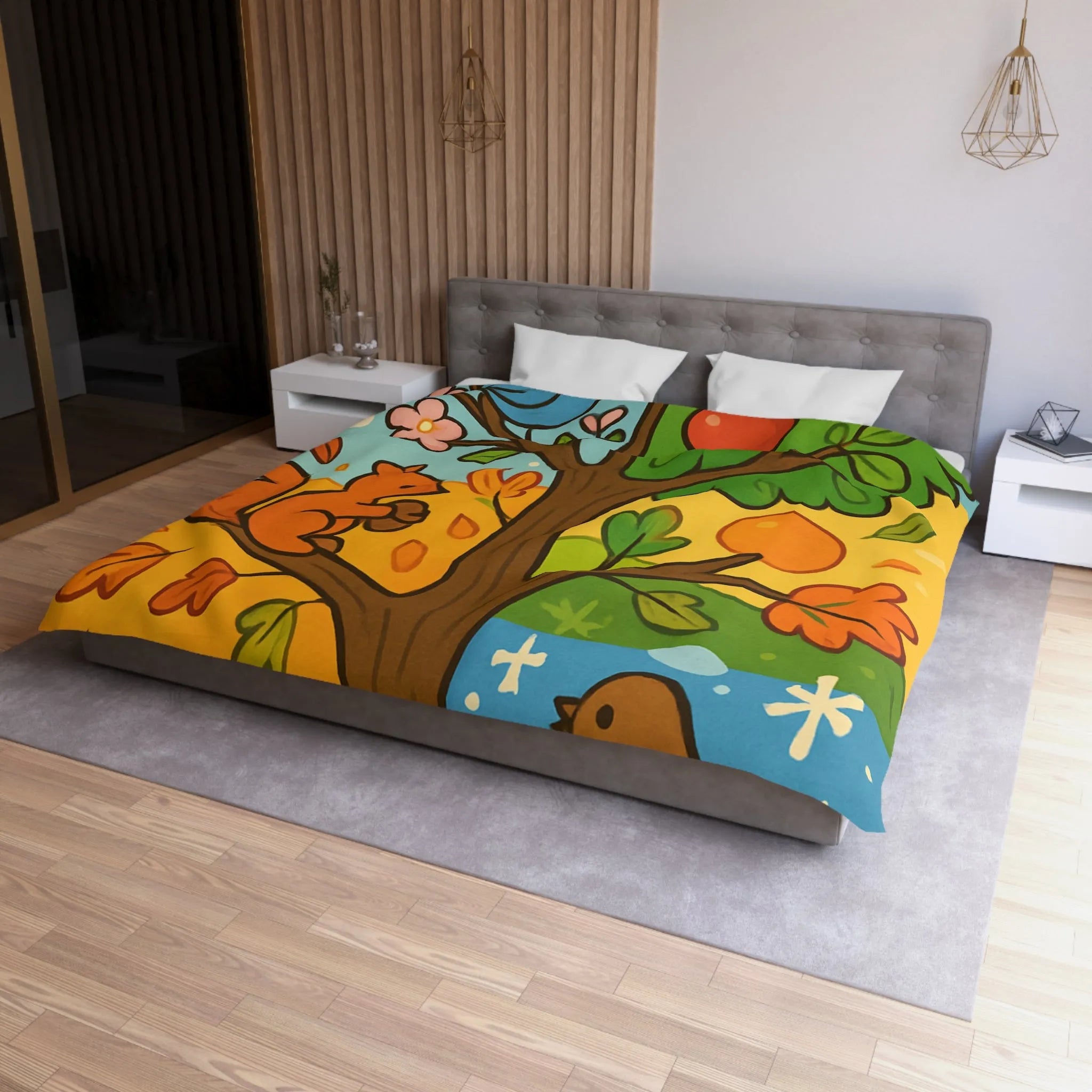 Housse de couette illustrée de l'arbre des quatre saisons avec nature et faune