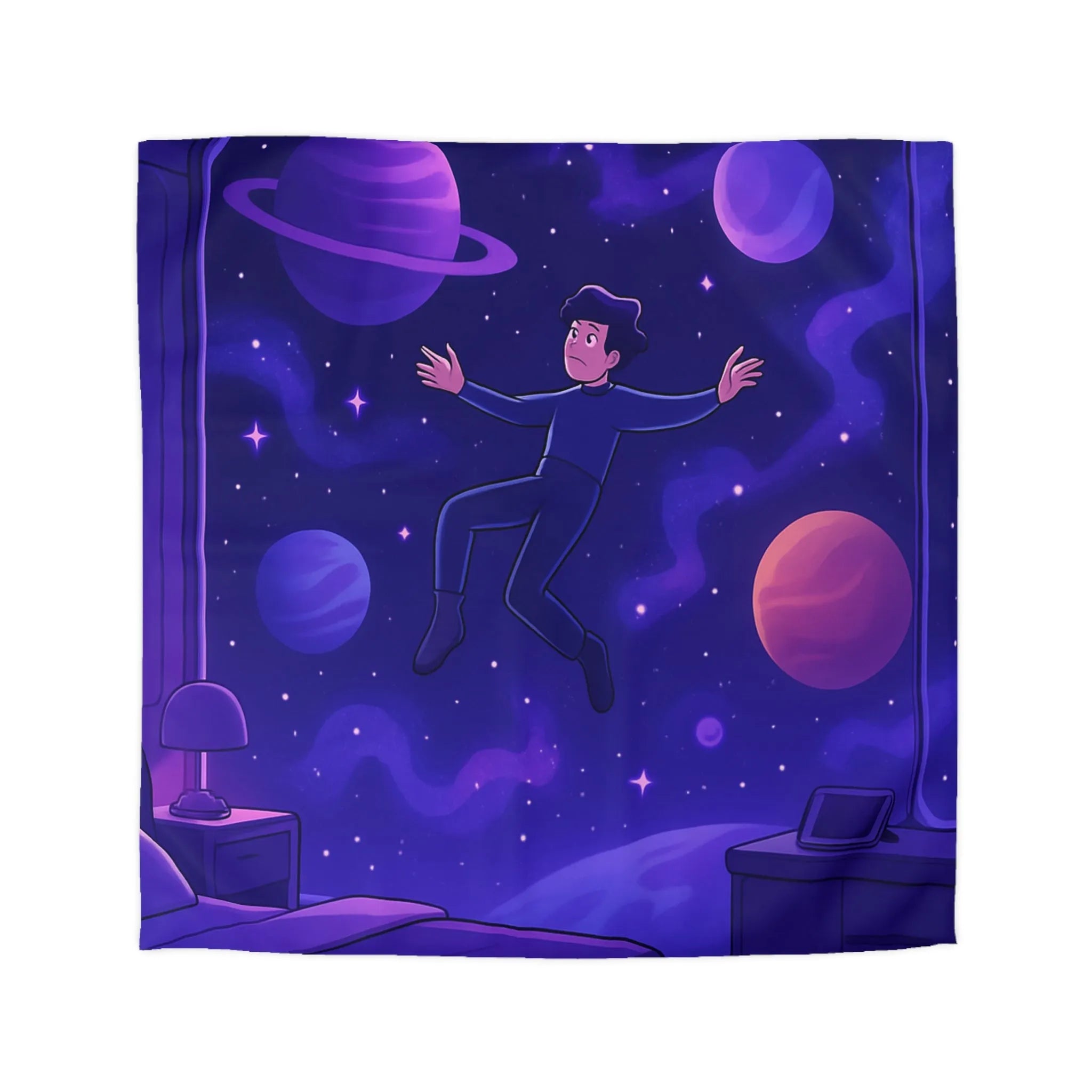 Housse de couette enfantine avec garçon flottant dans un espace stellaire imaginaire