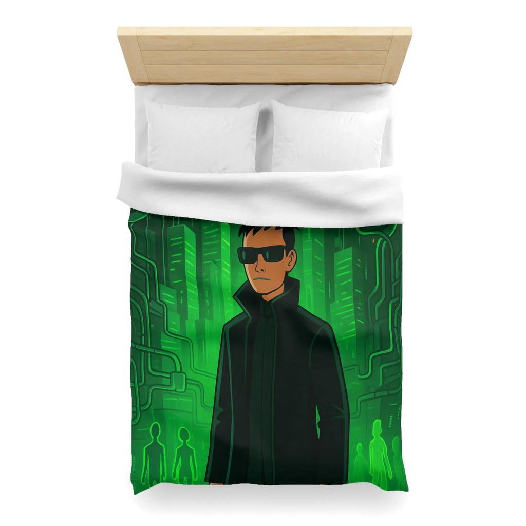 Housse de couette design futuriste vert avec motif personnage et ville numérique