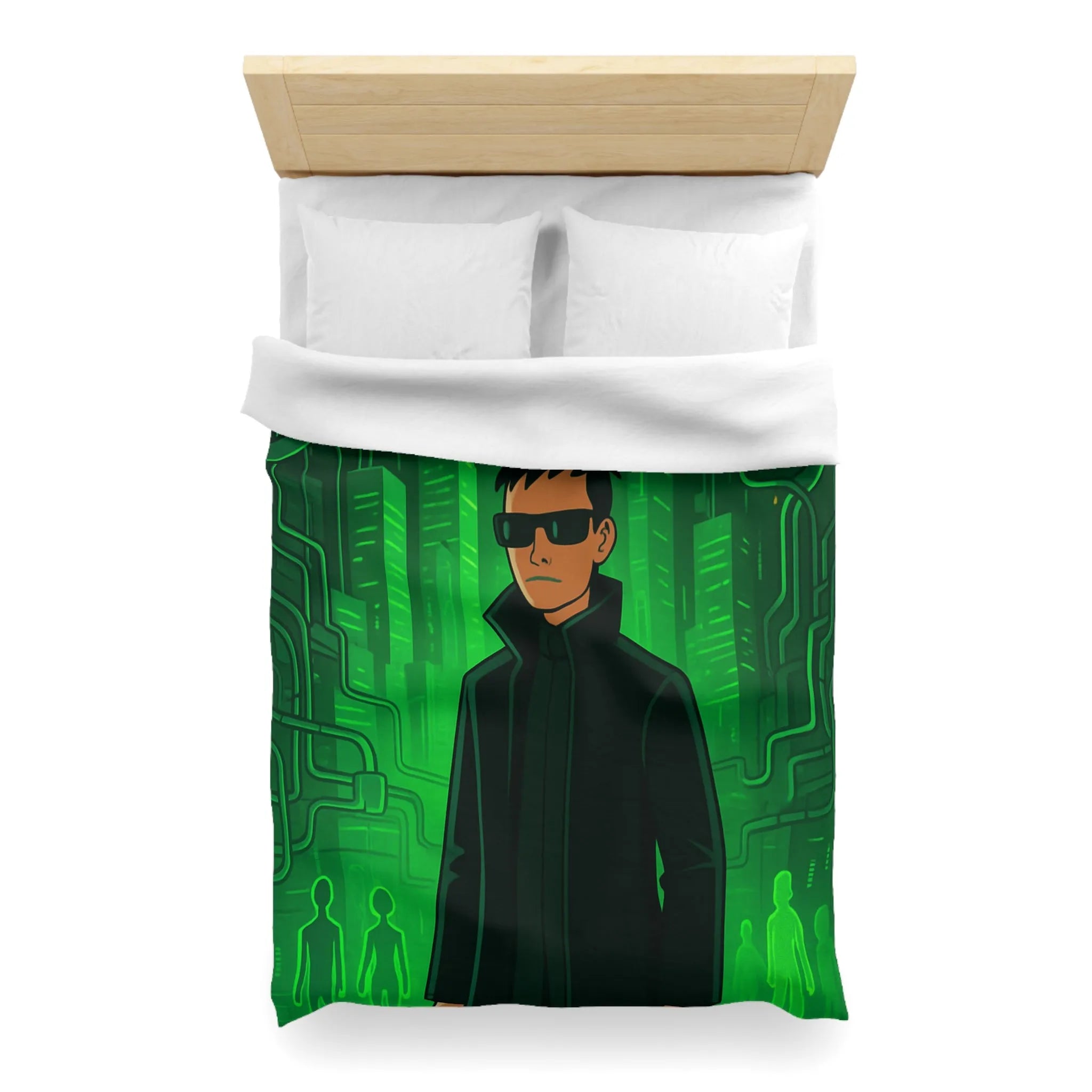 Housse de couette design futuriste vert avec motif personnage et ville numérique