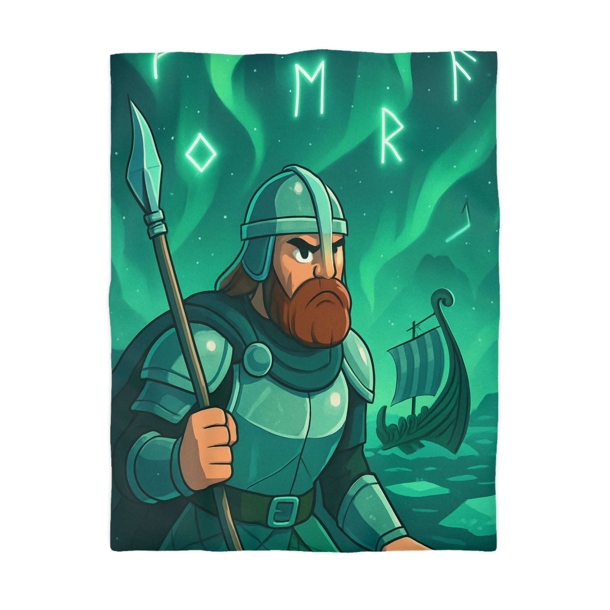 Housse de Couette Viking Vert Émeraude avec Guerrier et Aurores Boréales pour Chambre