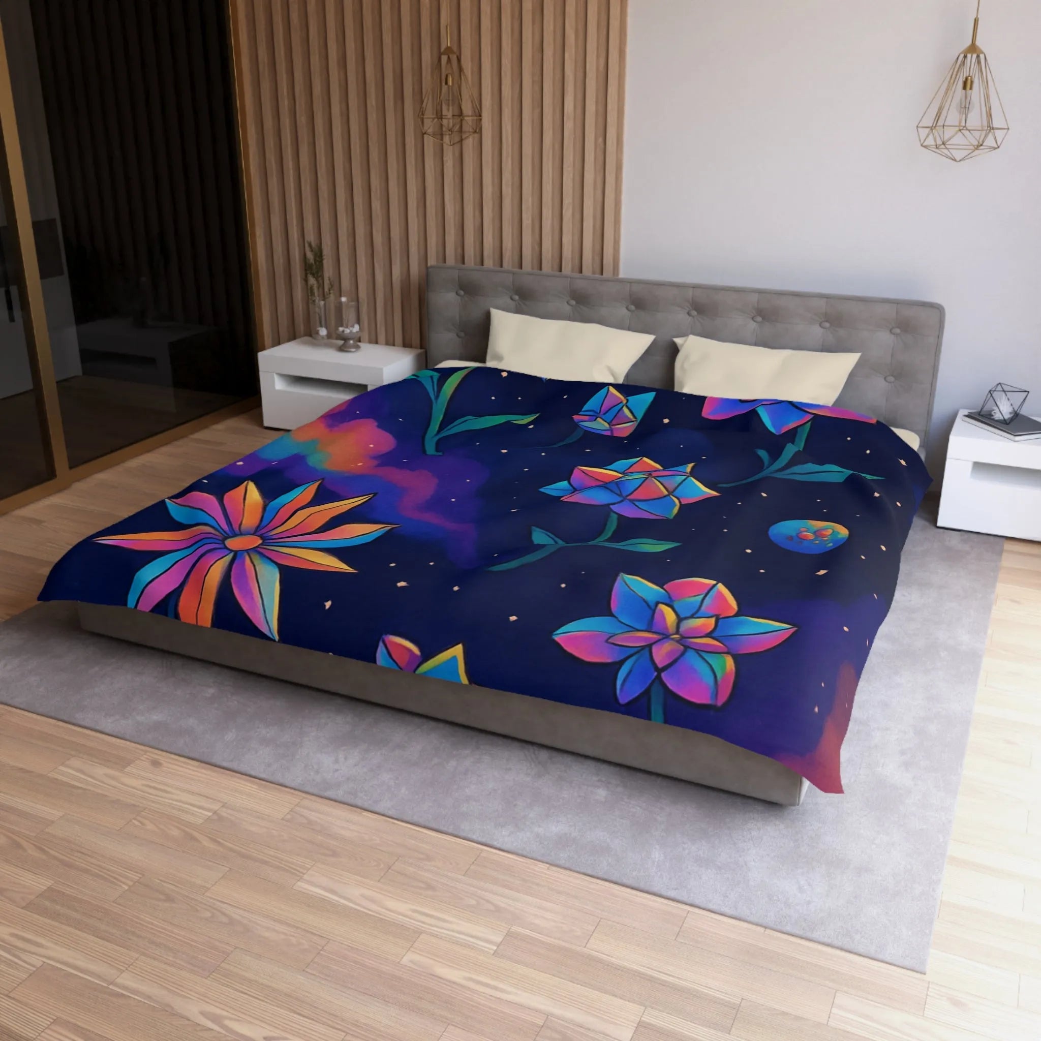 Housse de couette avec des fleurs géométriques aux couleurs cosmiques dans l'espace étoilé