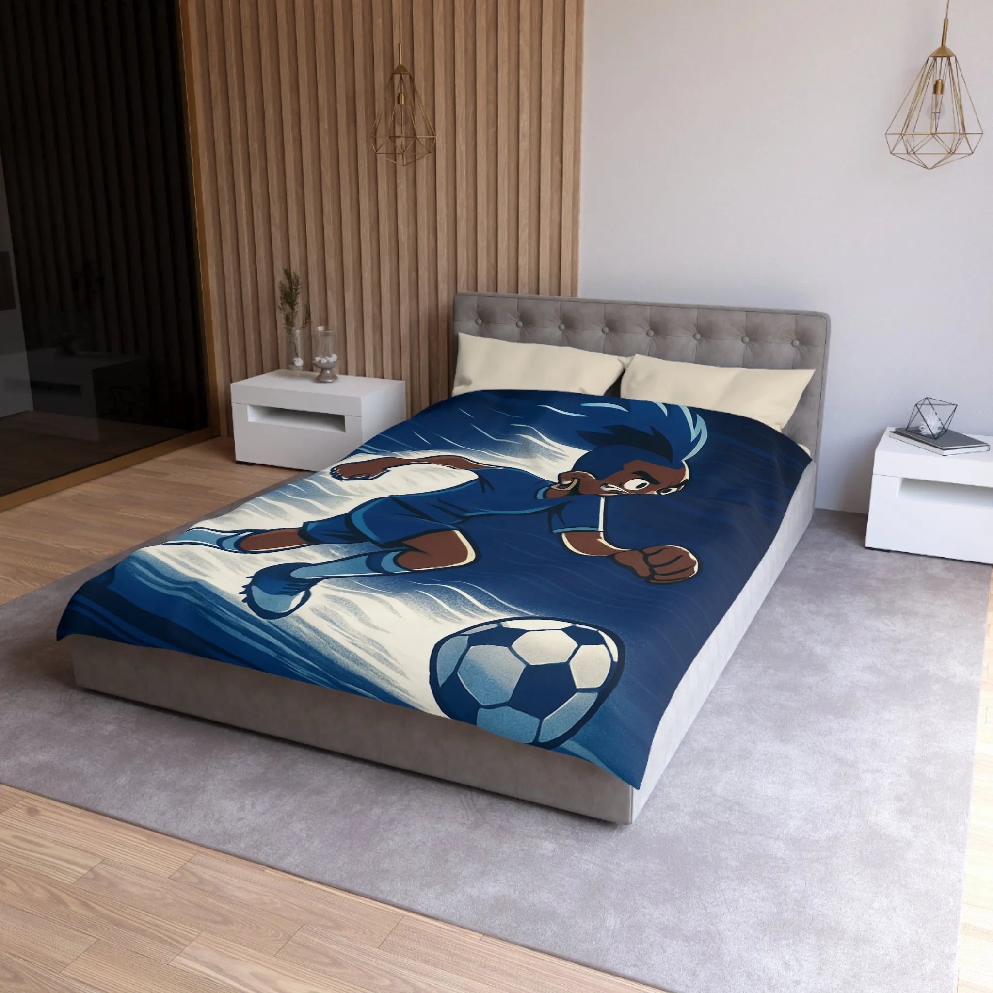 Housse de couette football dynamique garçon jouant au soccer style cartoon moderne bleu