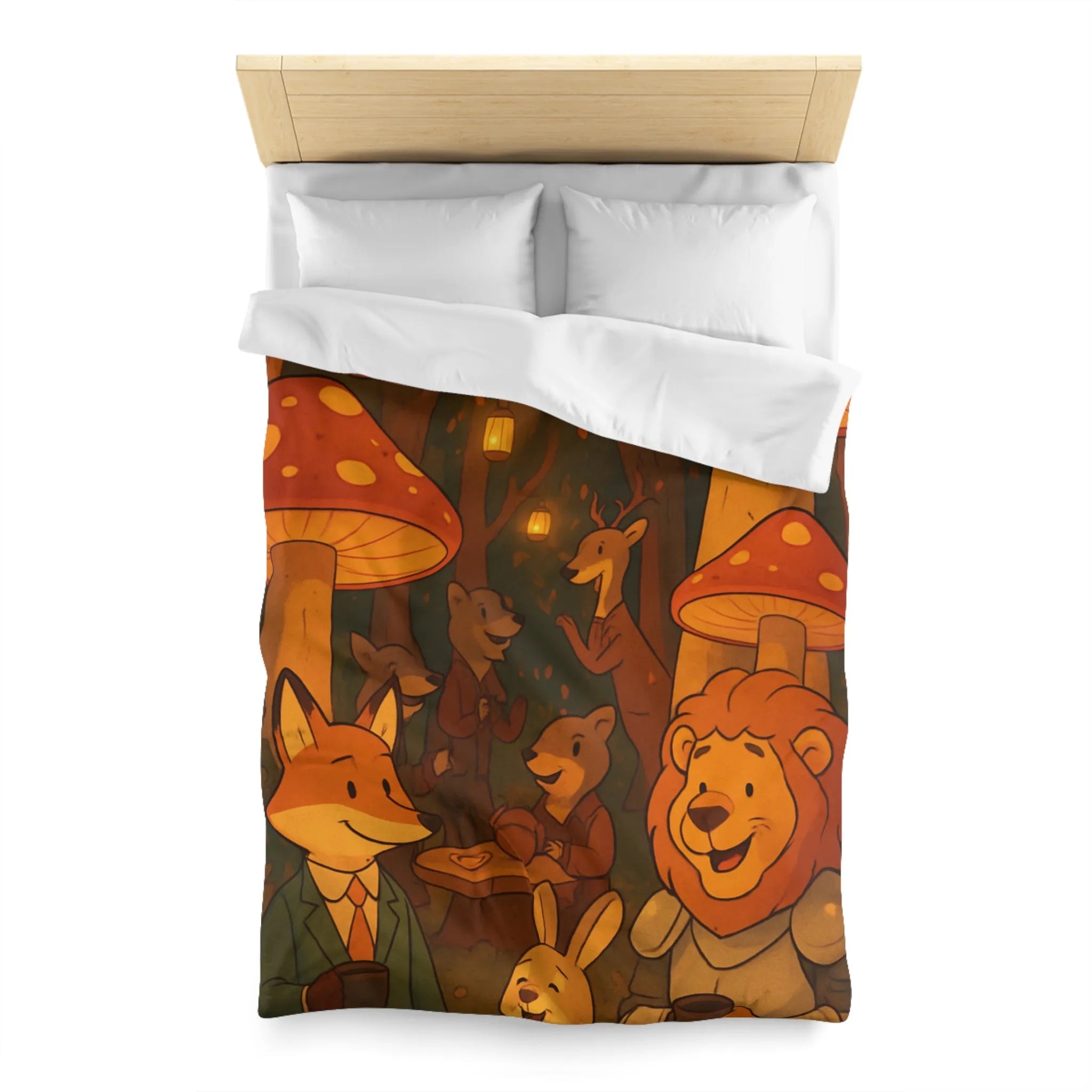 Housse de couette enchantée avec animaux sous champignons géants dans une forêt magique