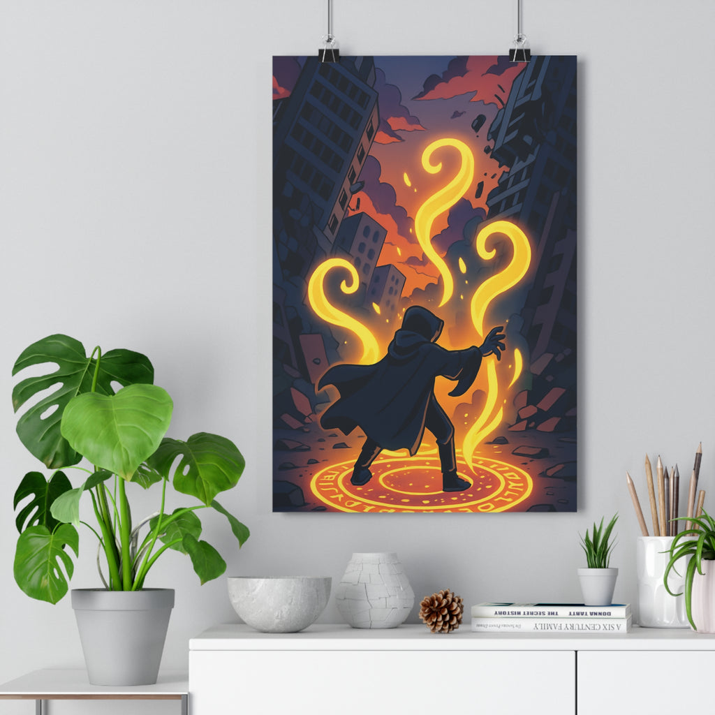 Poster décoratif animé mystique bleu orange silhouette cercle lumineux ambiance dramatique salon chambre bureau