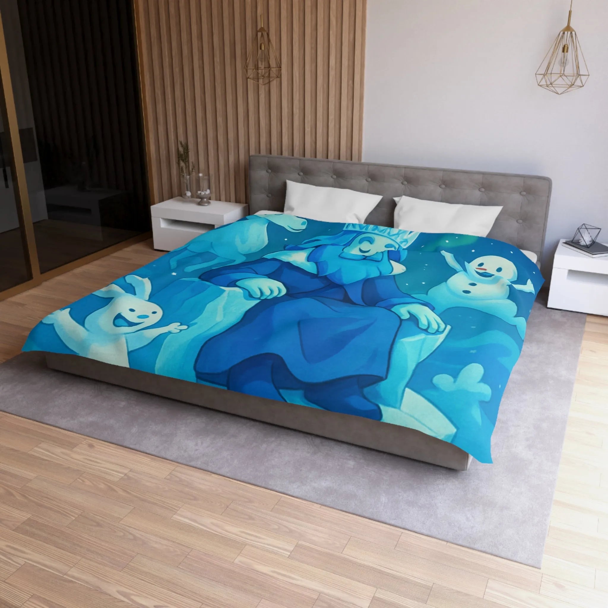 Housse de couette bleue roi de glace avec animaux et aurore boréale hivernale festive