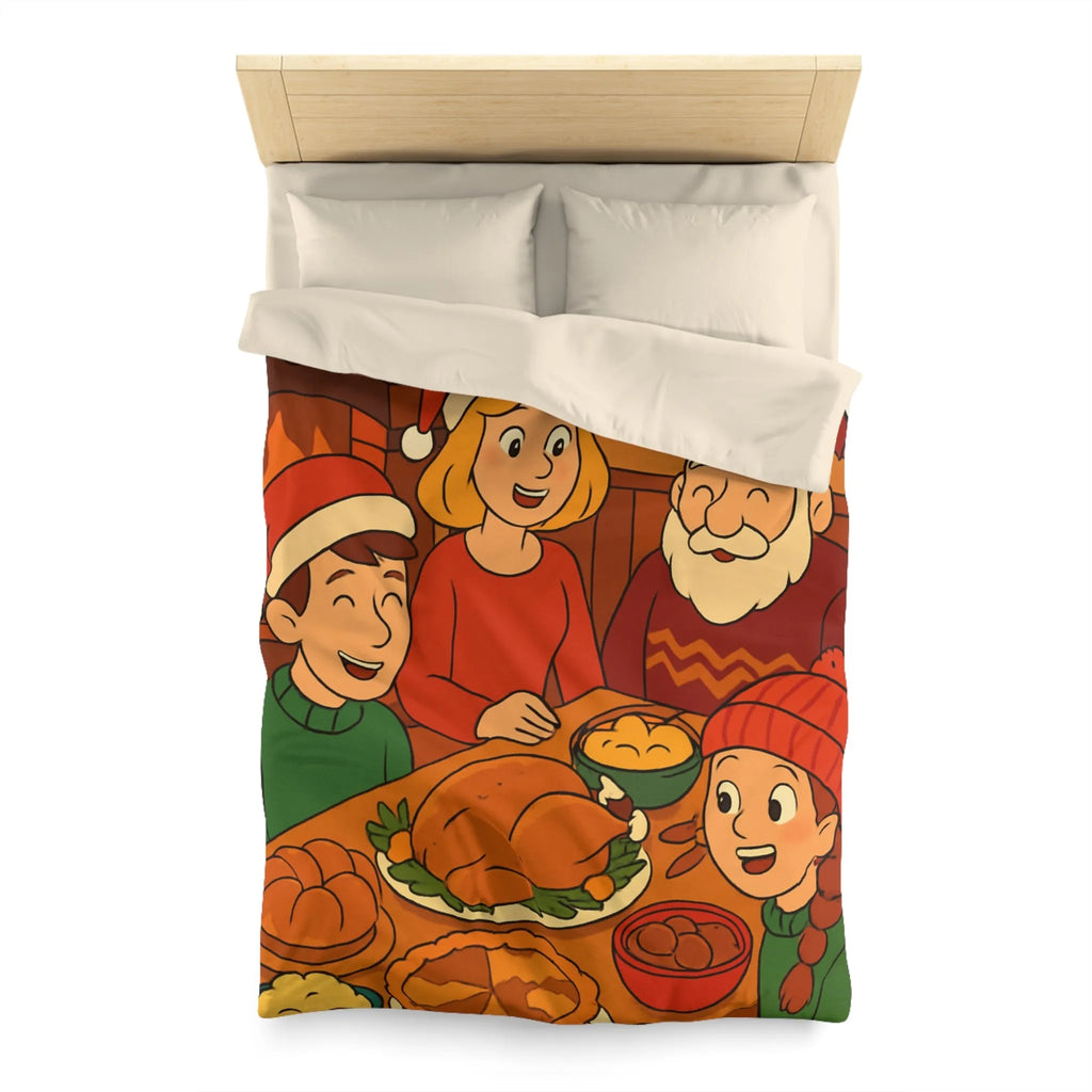 Housse de couette festive Noël famille réunie autour d'un dîner savoureux cheminée