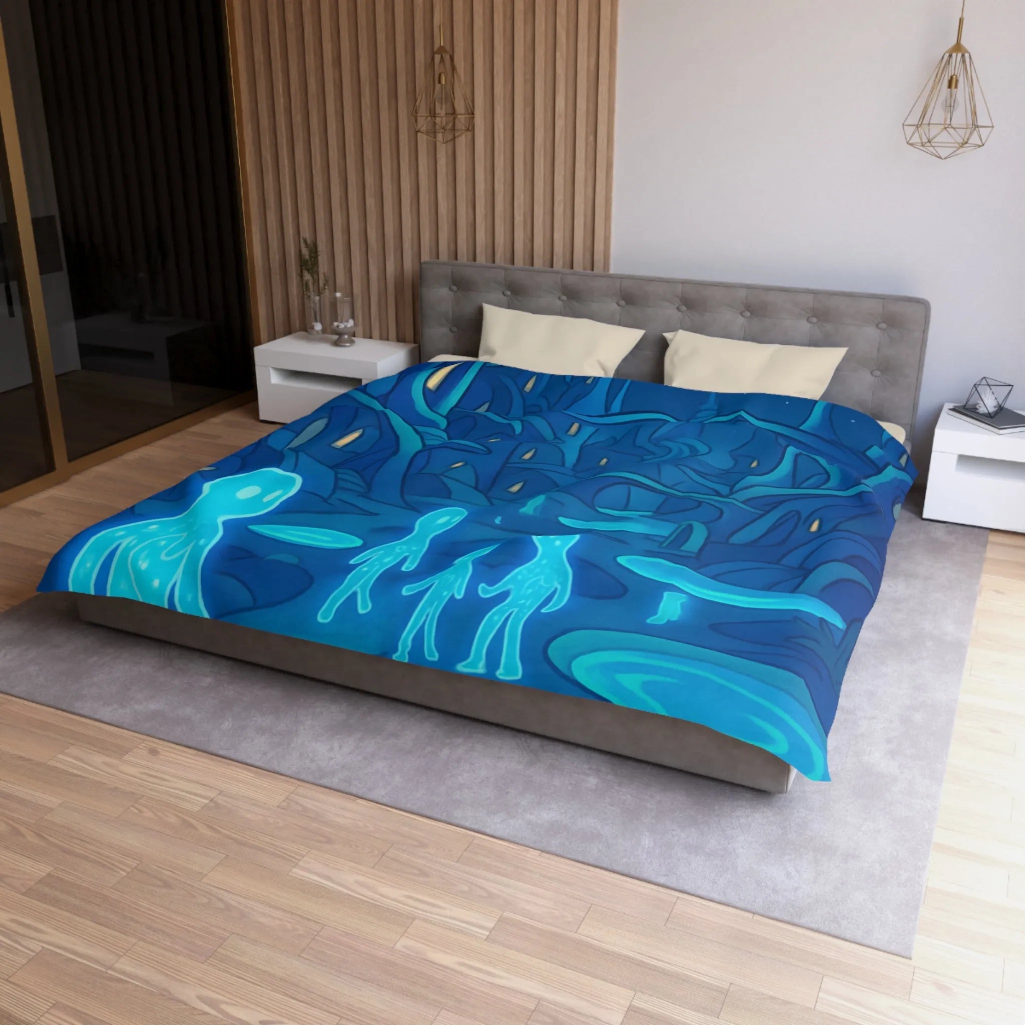 Housse de couette fantastique avec paysage extraterrestre, créatures lumineuses et lune mystique