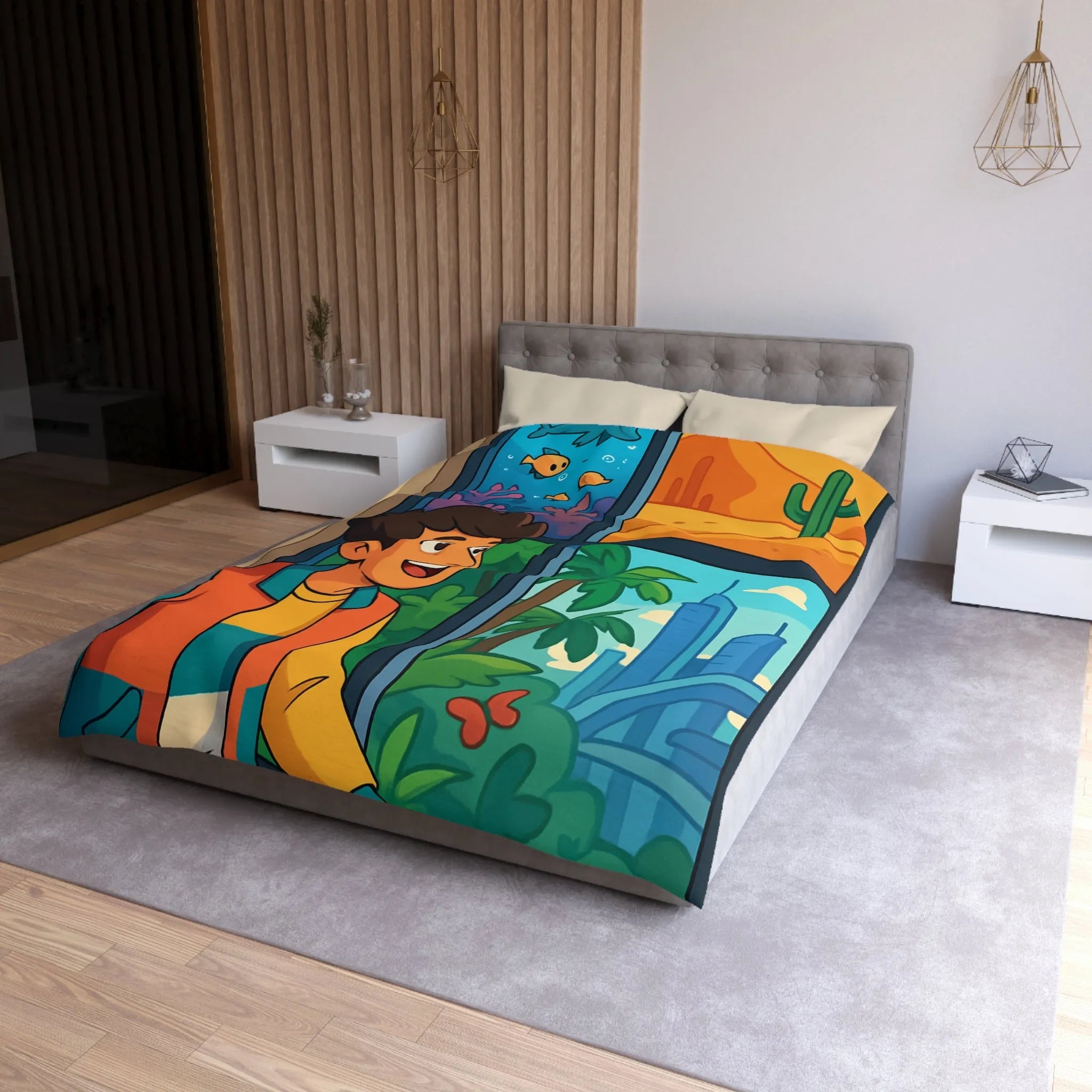 Housse de couette colorée avec paysage marin, désertique et urbain pour chambre d'enfant