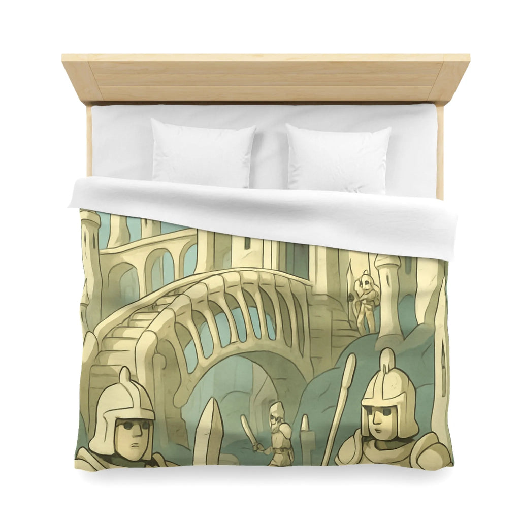 Housse de couette médiévale illustrée avec château crâne et chevaliers en armure