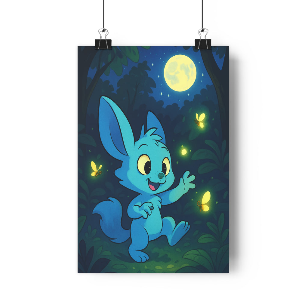 Poster décoratif enfant jungle magique bleu vert cartoon féerique joyeux chambre lumineux ambiance enchanteur
