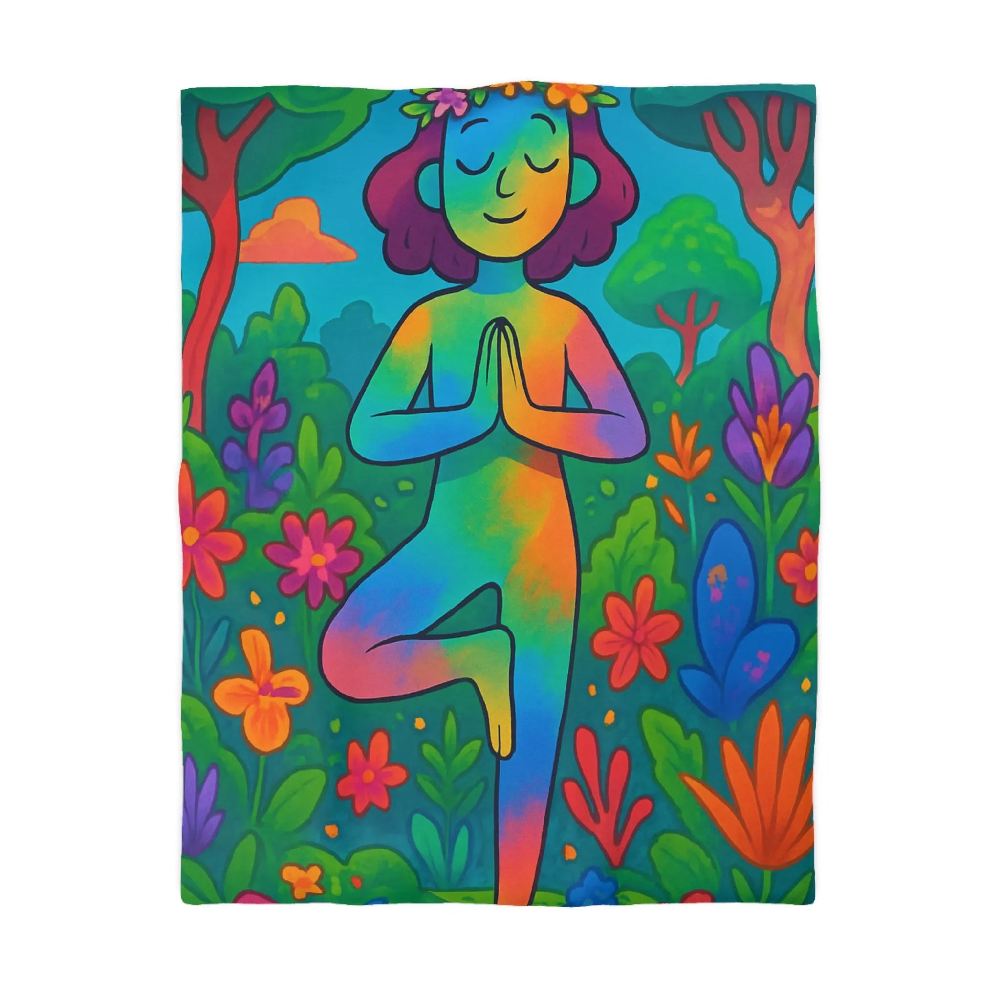 Housse de Couette avec Illustration Arc-en-Ciel d’une Personne Pratiquant le Yoga en Nature