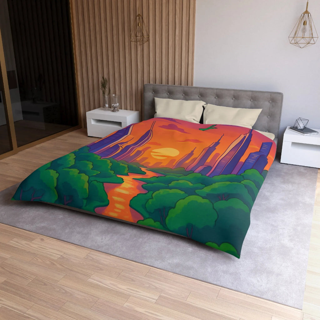 Housse de couette avec illustration urbaine et naturelle au coucher du soleil envoûtant