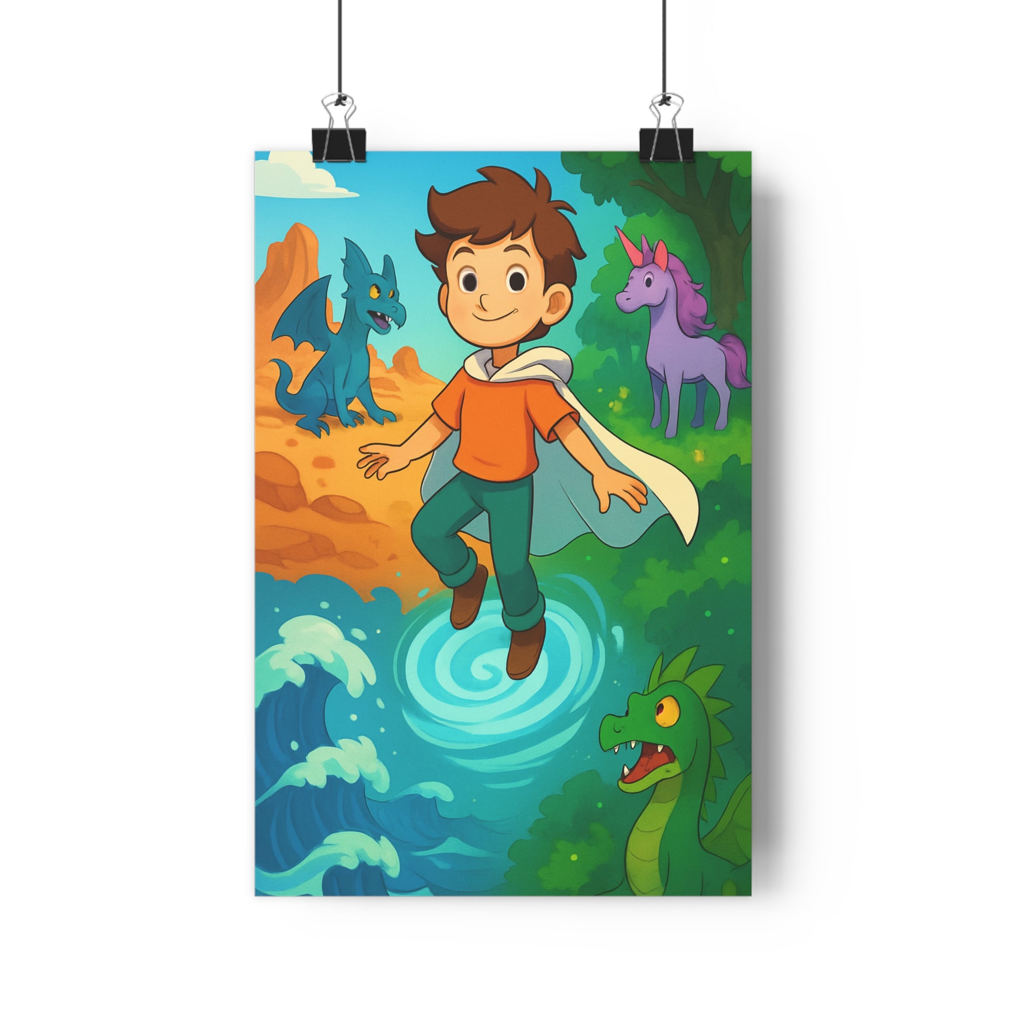 Poster décoratif anime magique coloré bleu vert violet mystique aventure garçon cape dragon licorne