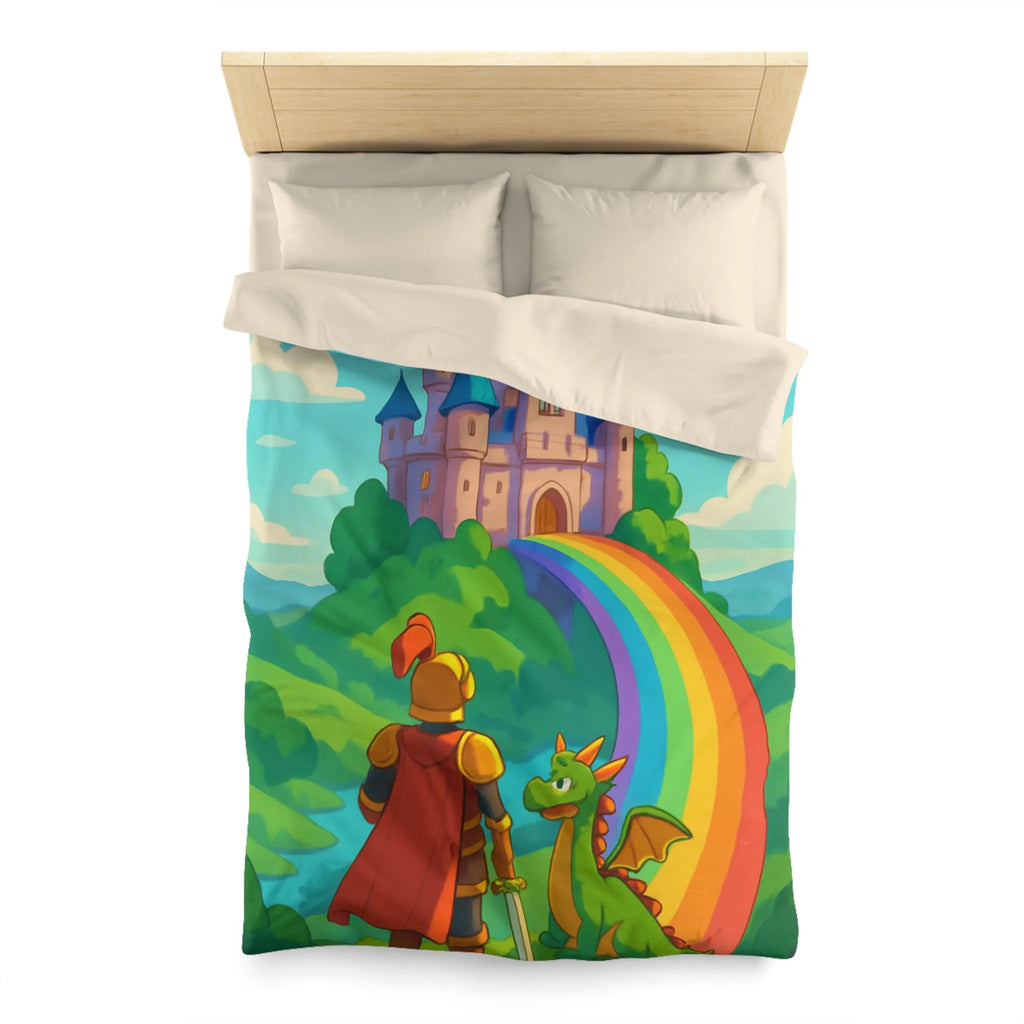 Housse de couette féérique avec chevalier, dragon et château sur arc-en-ciel magique