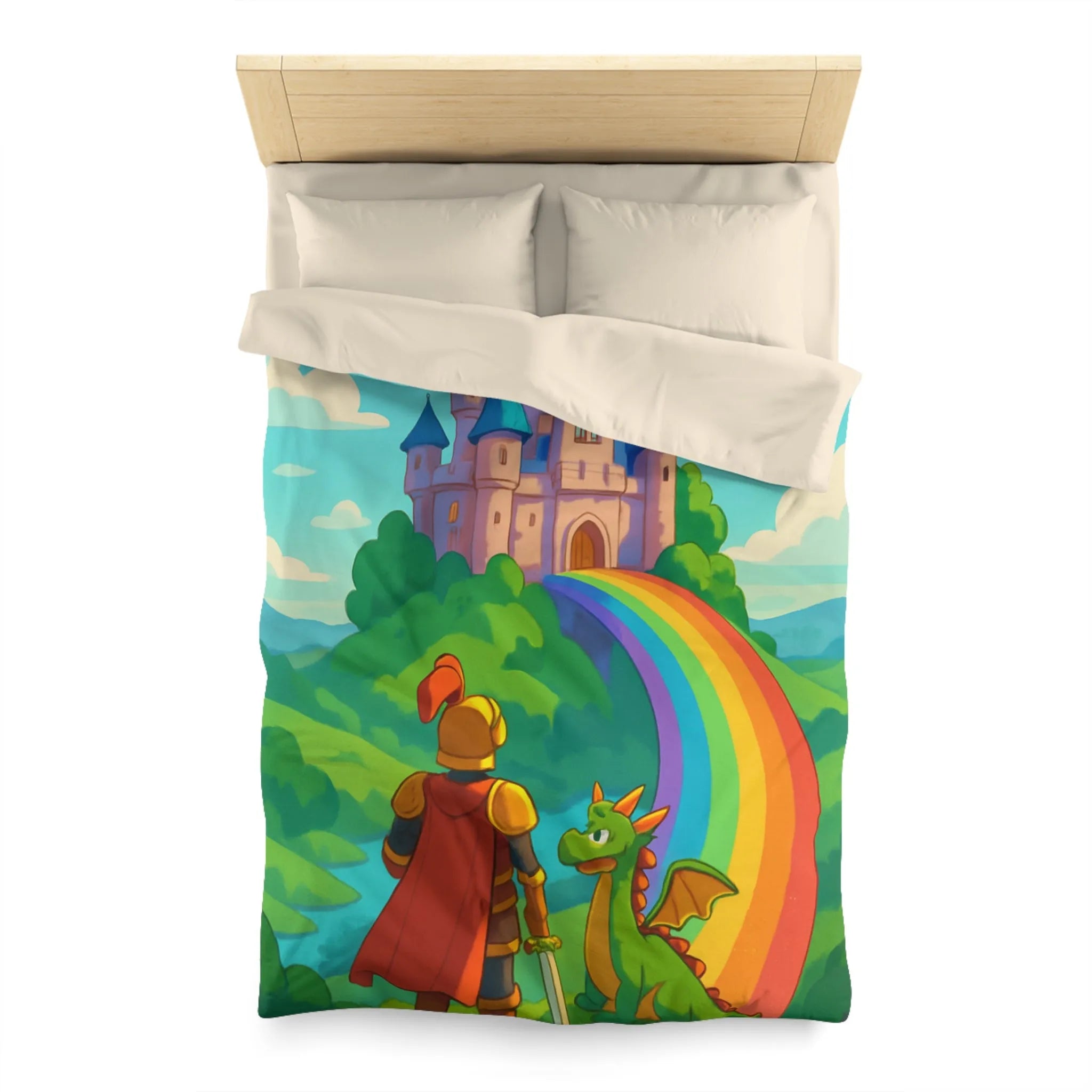 Housse de couette féérique avec chevalier, dragon et château sur arc-en-ciel magique
