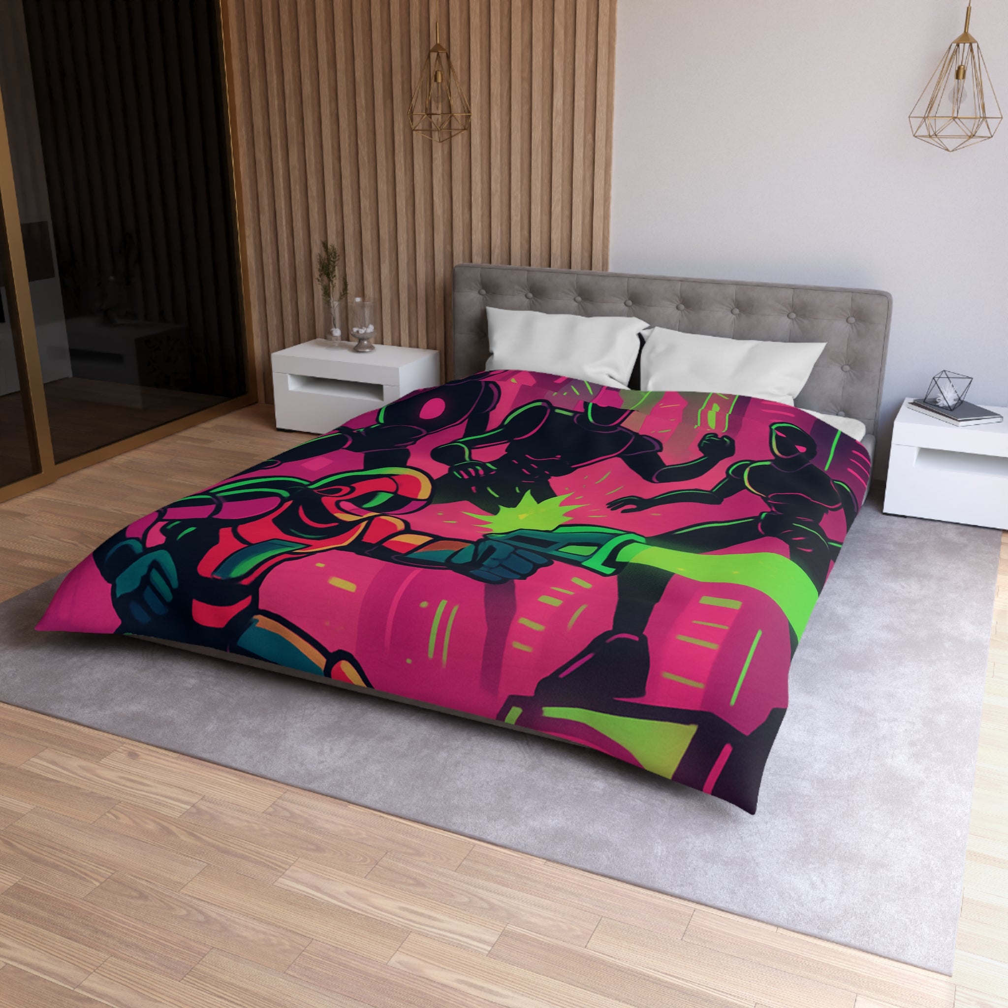 Housse de couette néon futuriste avec combat spatial, designs vifs rétro et cyberpunk