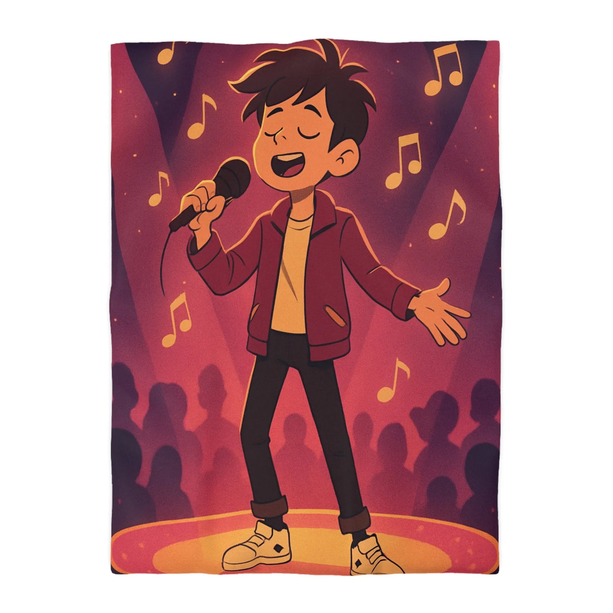 Housse de couette animée chanteur sur scène, ambiance vive et musicale au cœur vibrant