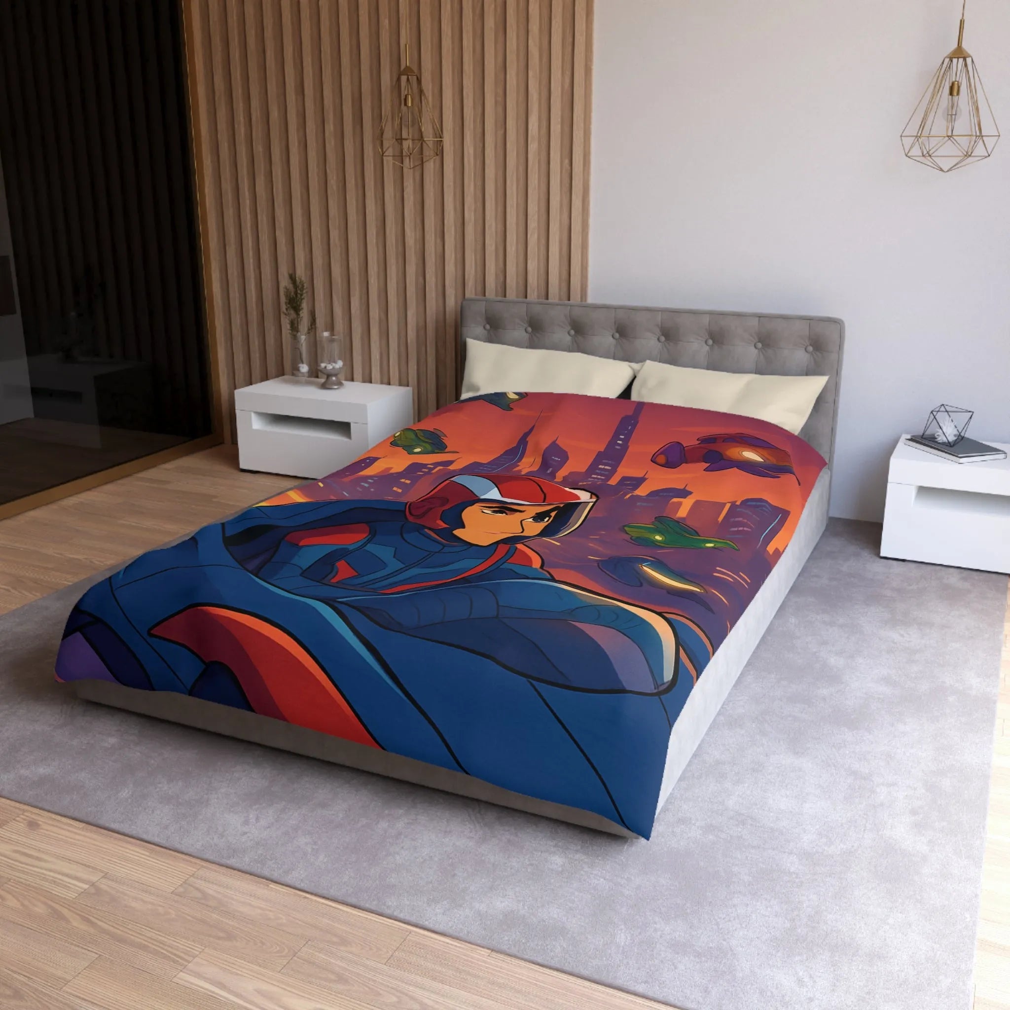 Housse de couette futuriste avec pilote de course et voitures volantes en ville