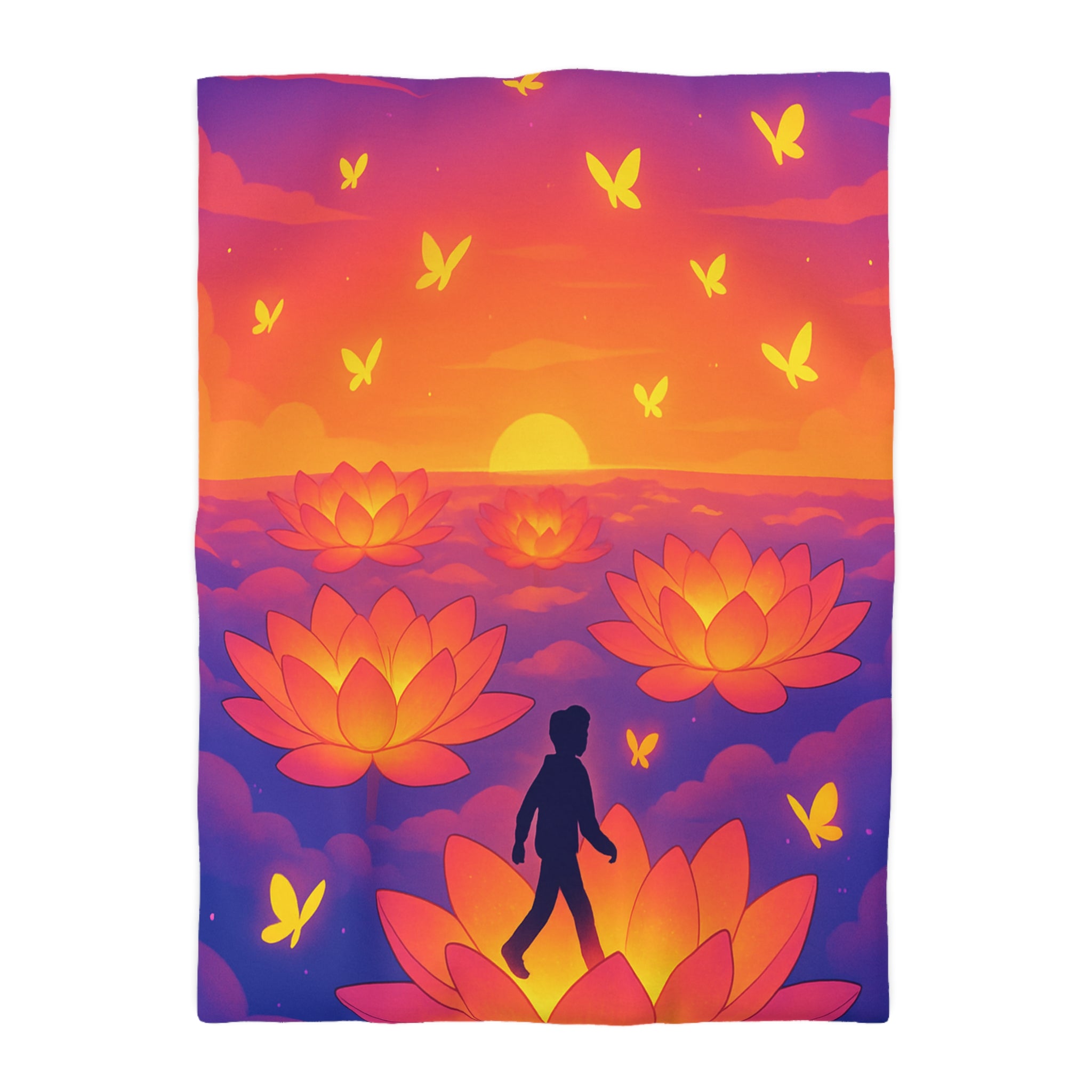 Housse de couette zen : Personne marchant sur fleur de lotus au coucher de soleil