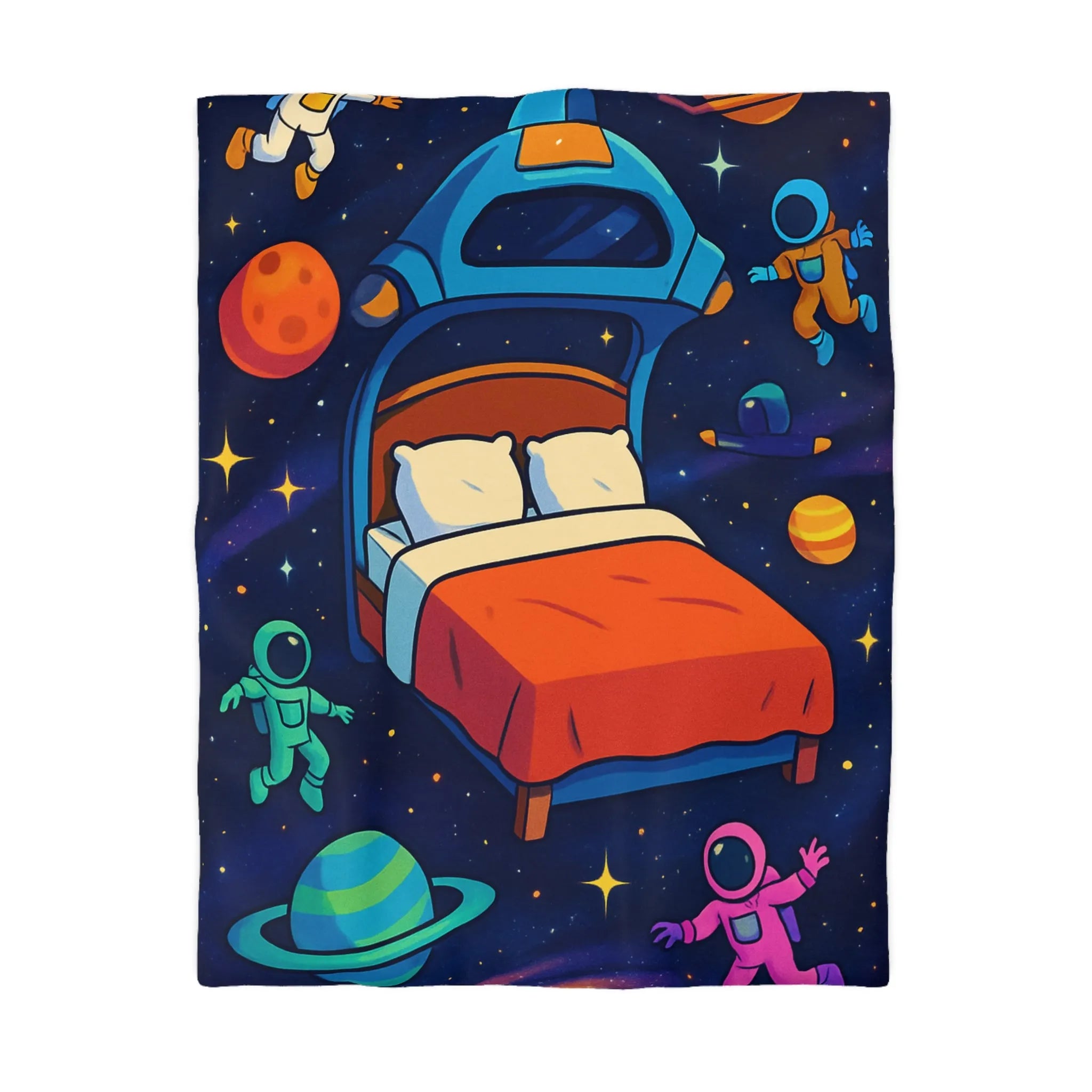 Housse de couette galaxies vibrantes avec astronautes flottants et planètes colorées pour enfants