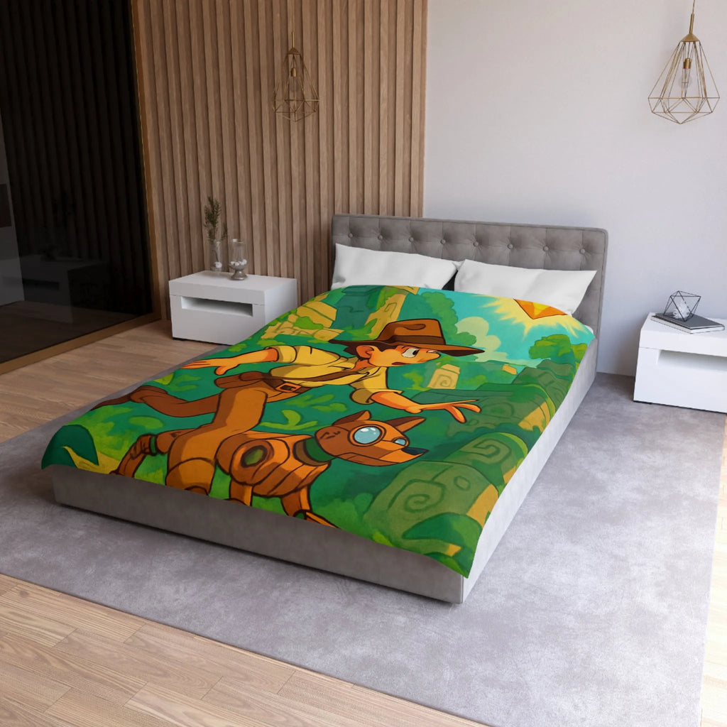 Housse de couette aventure jungle avec personnage explorateur et chien robotique animé