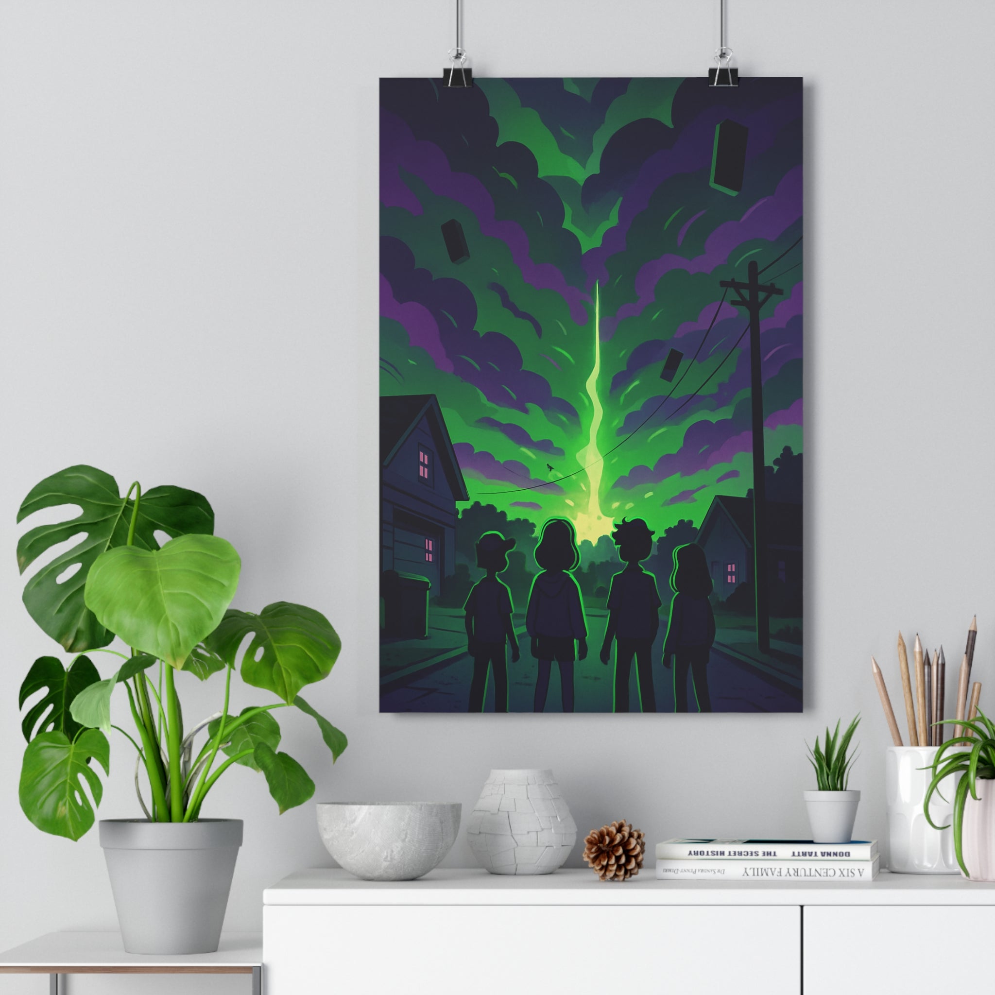 Poster décoratif silhouettes crépuscule vert violet mystique moderne salon chambre tendance unique qualité qualité